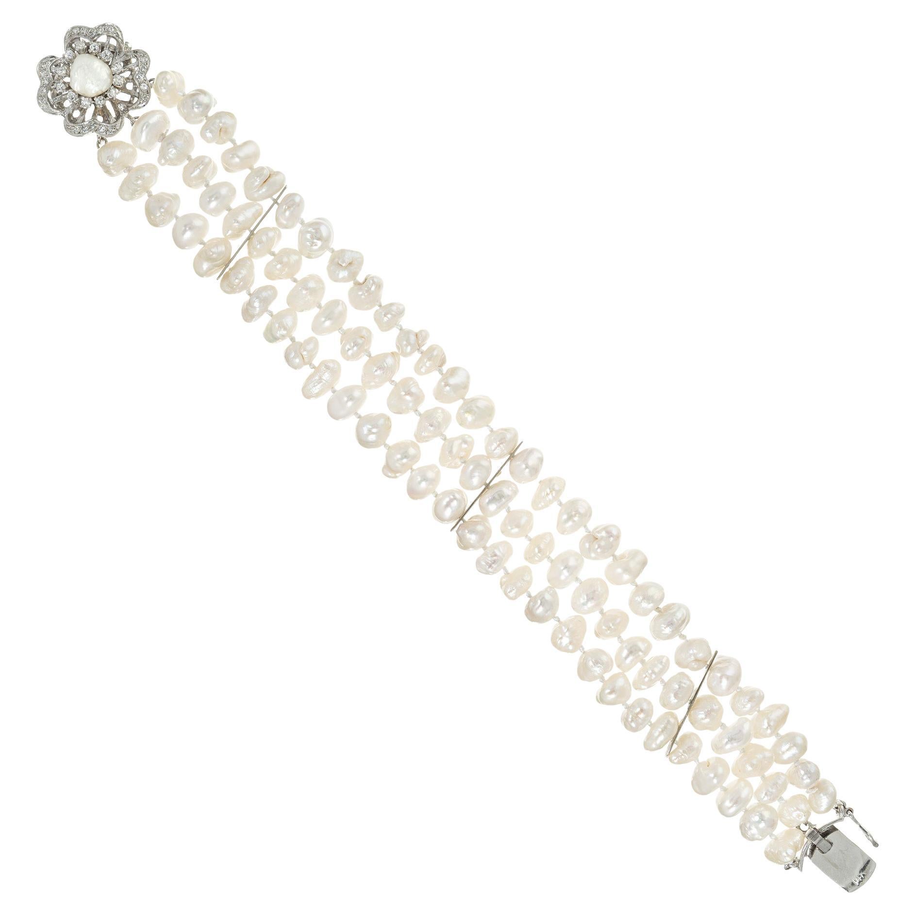 1960 3 Strand Baroque Cultured Pearl Bracelet White Gold Pearl Diamond
