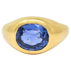 1960 4.34 CTW No Heat Ceylon Sapphire 18K Yellow Gold Vintage Signet Ring GIA