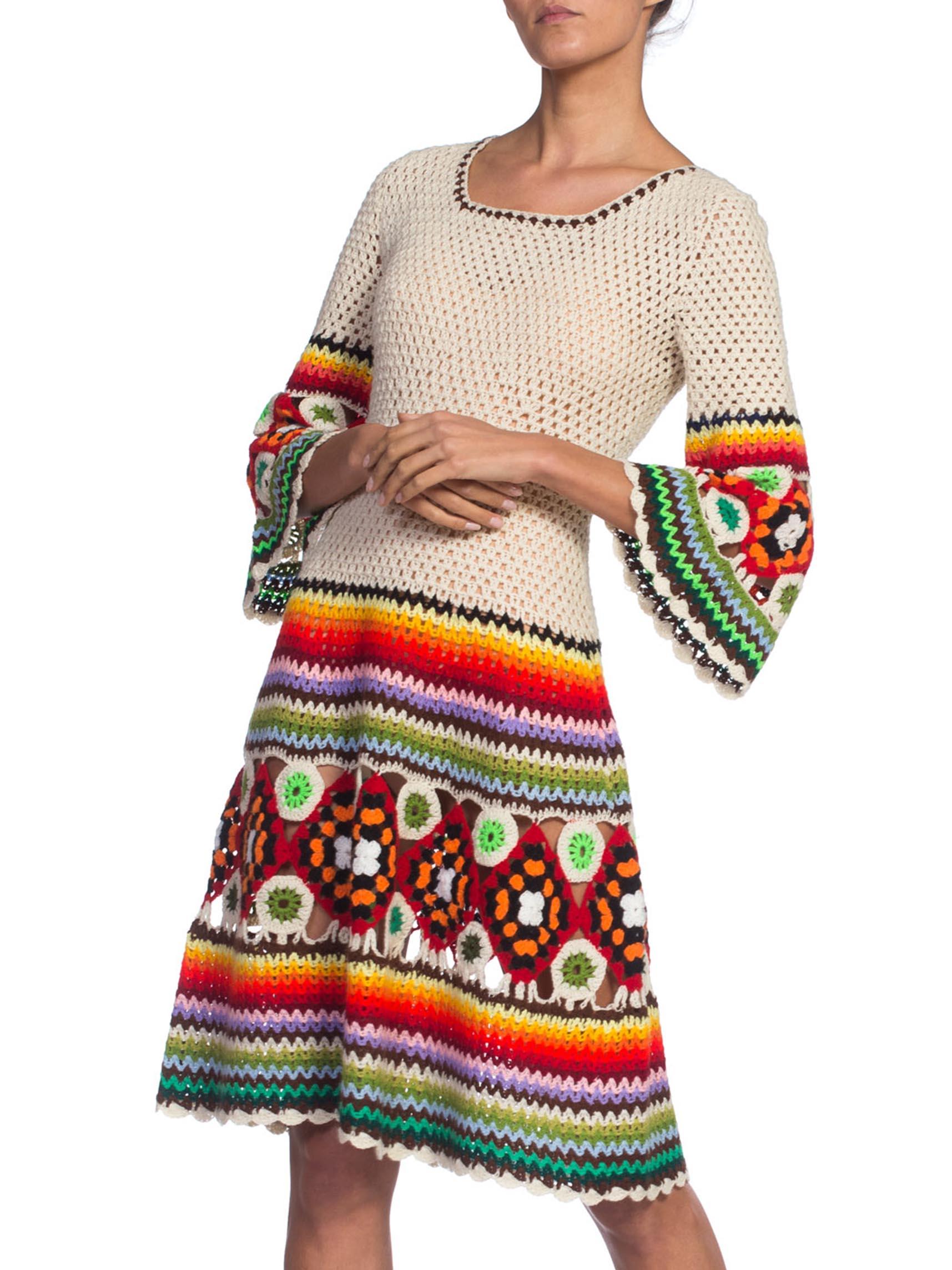 Beige 1960/70's Boho Rainbow Crochet Sweater Dress