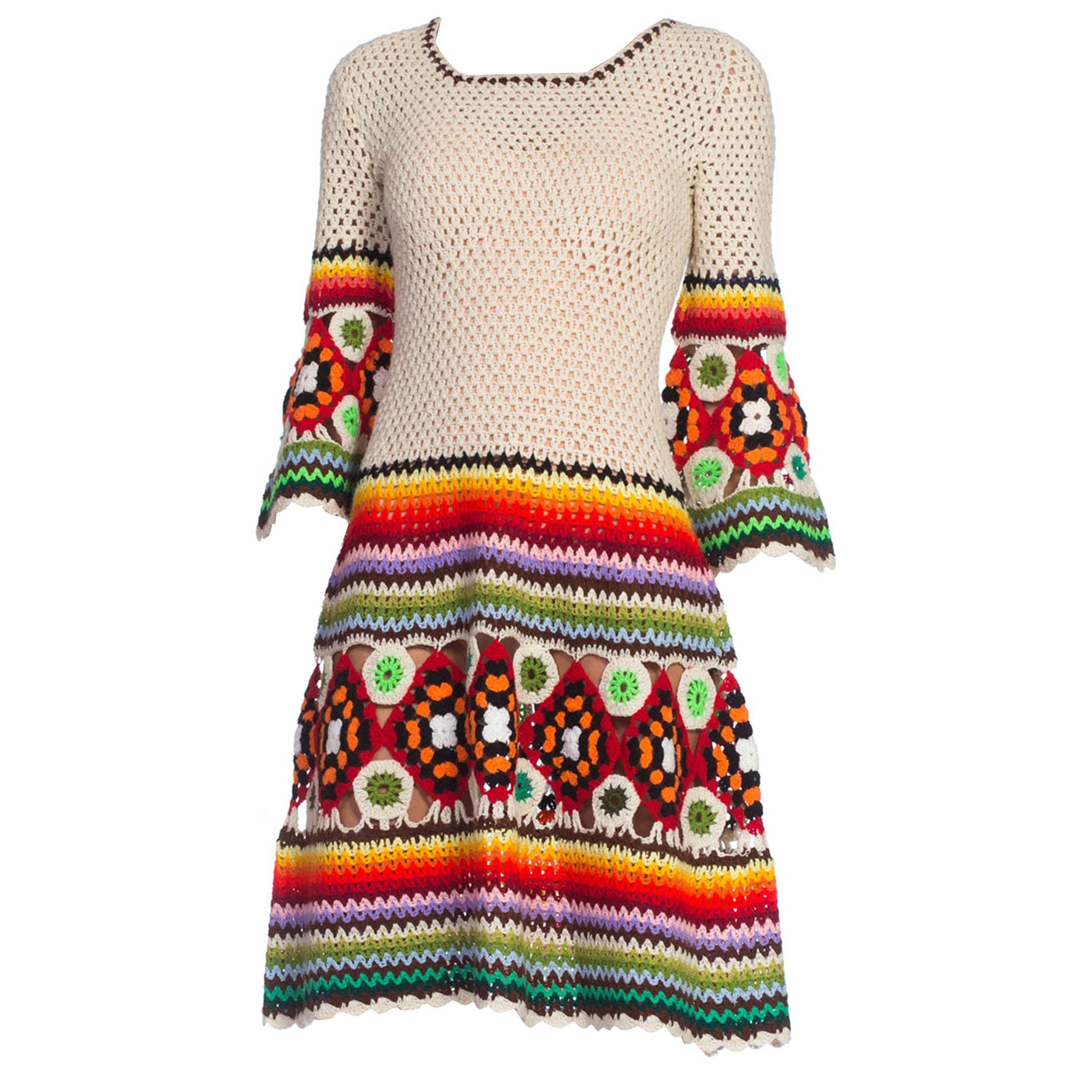 1960/70's Boho Rainbow Crochet Sweater Dress
