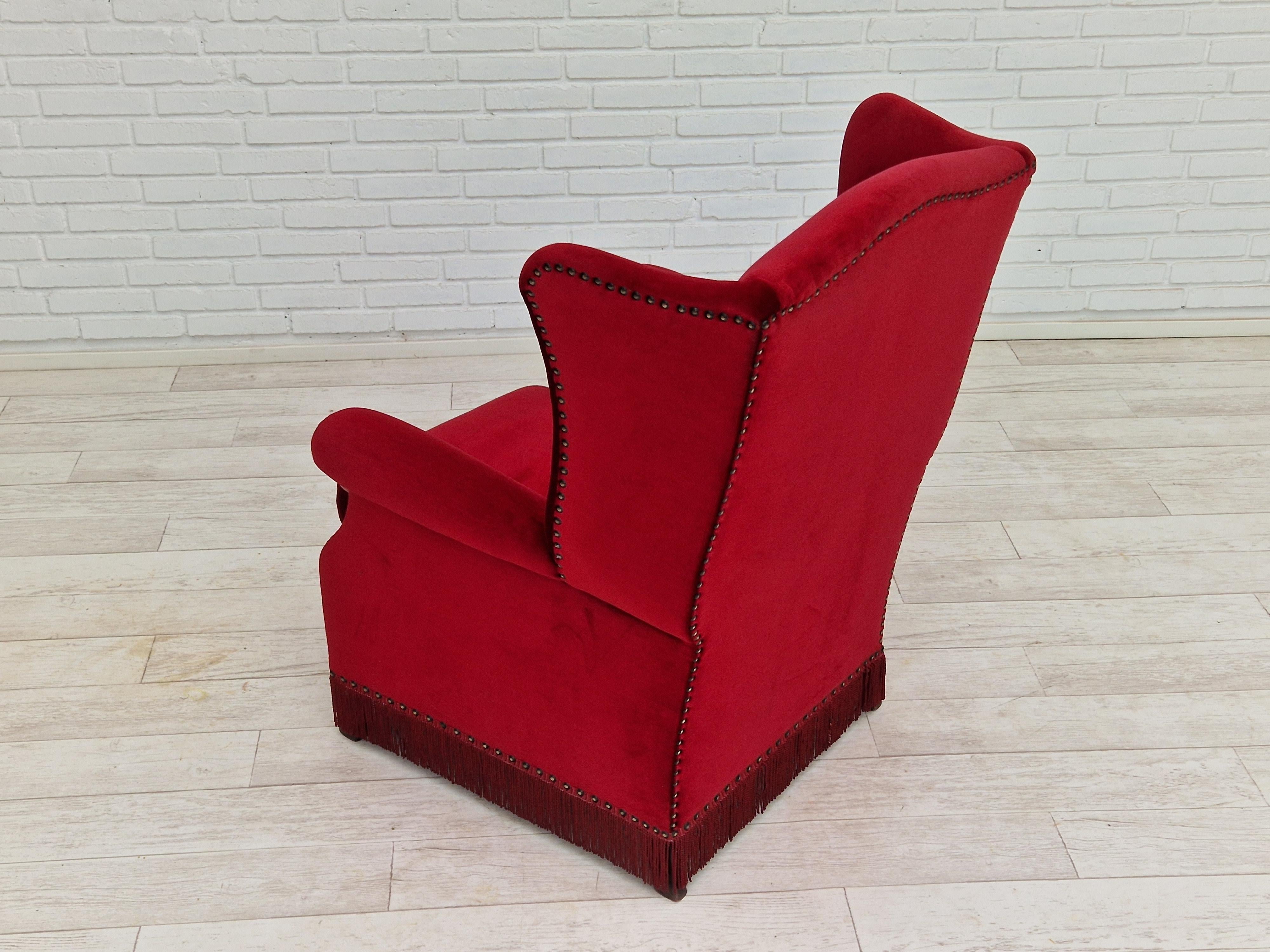 Danish Design, Wingback Chair, Dark Red Velour, Original Condition, 1960-1970s  For Sale 4