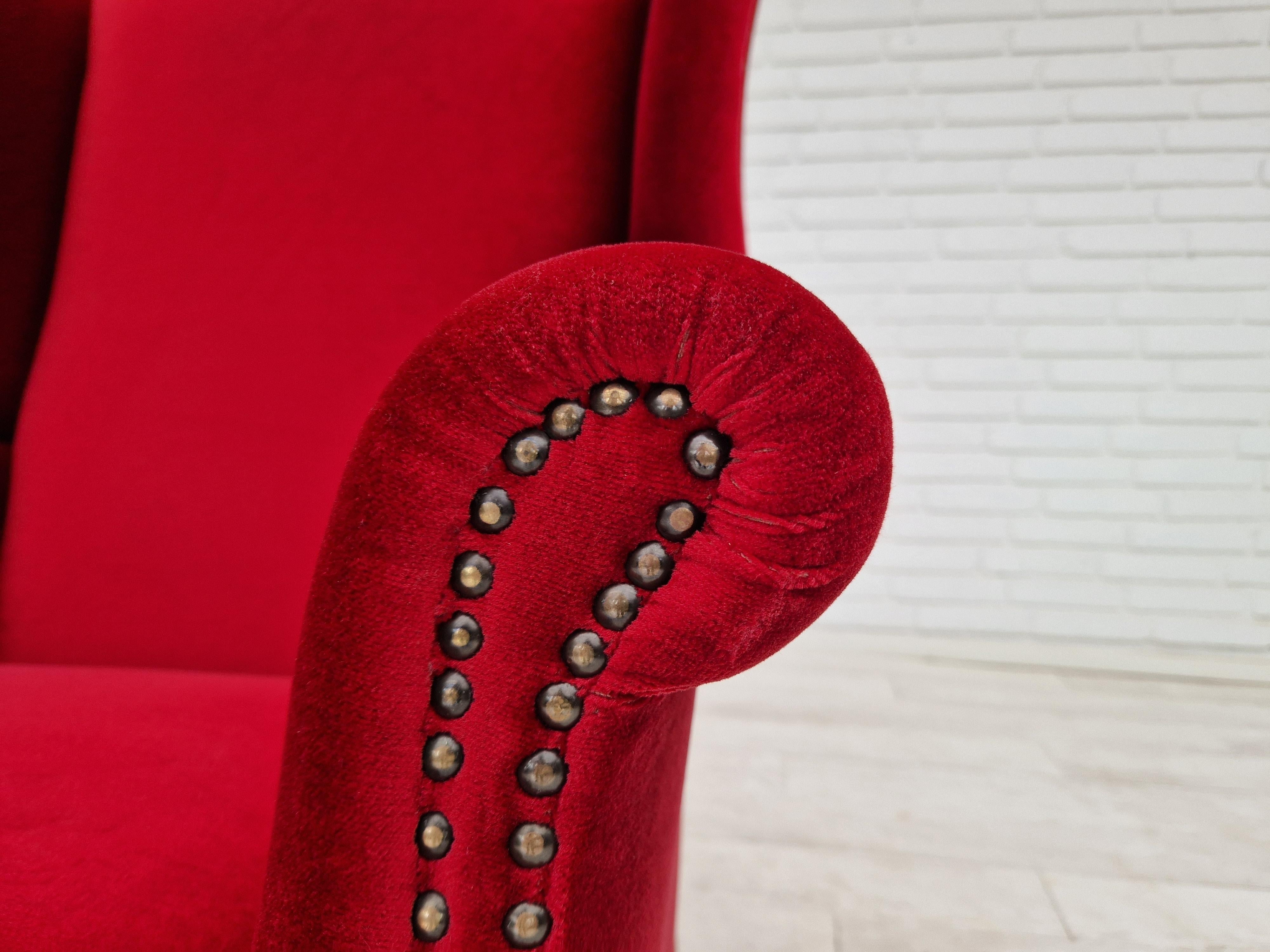 Danish Design, Wingback Chair, Dark Red Velour, Original Condition, 1960-1970s  For Sale 6