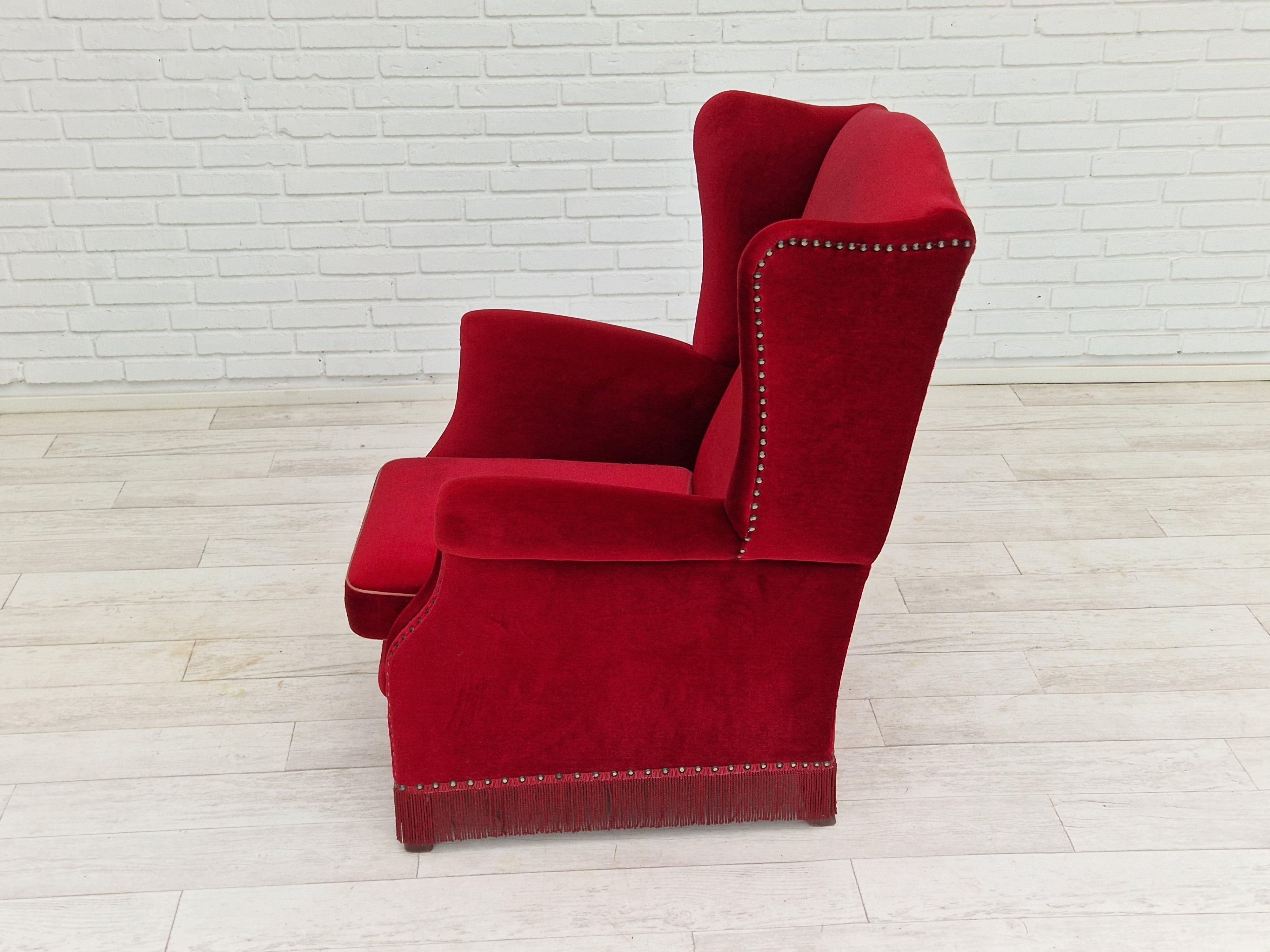 Danish Design, Wingback Chair, Dark Red Velour, Original Condition, 1960-1970s  For Sale 9
