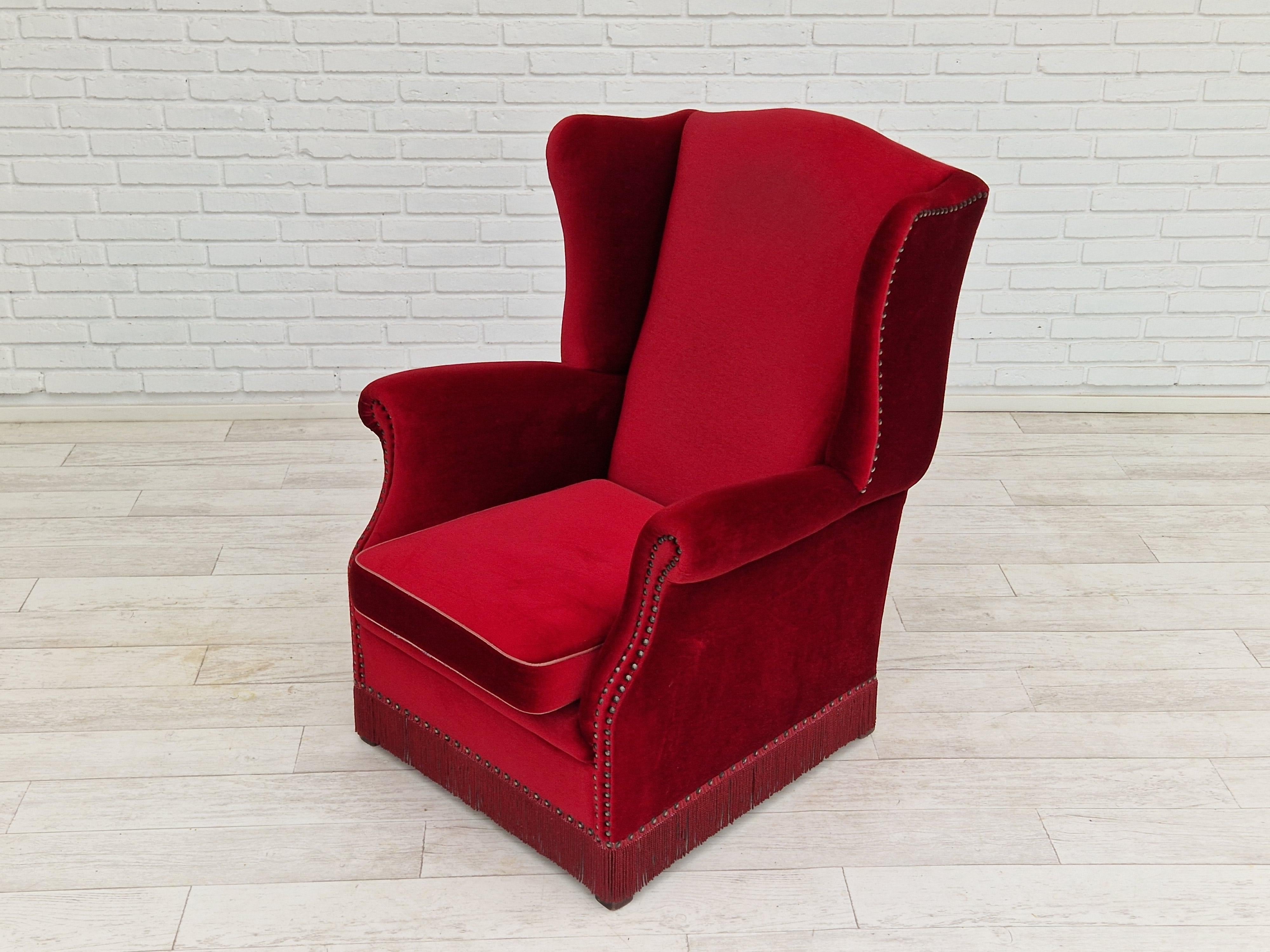 Danish Design, Wingback Chair, Dark Red Velour, Original Condition, 1960-1970s  For Sale 10