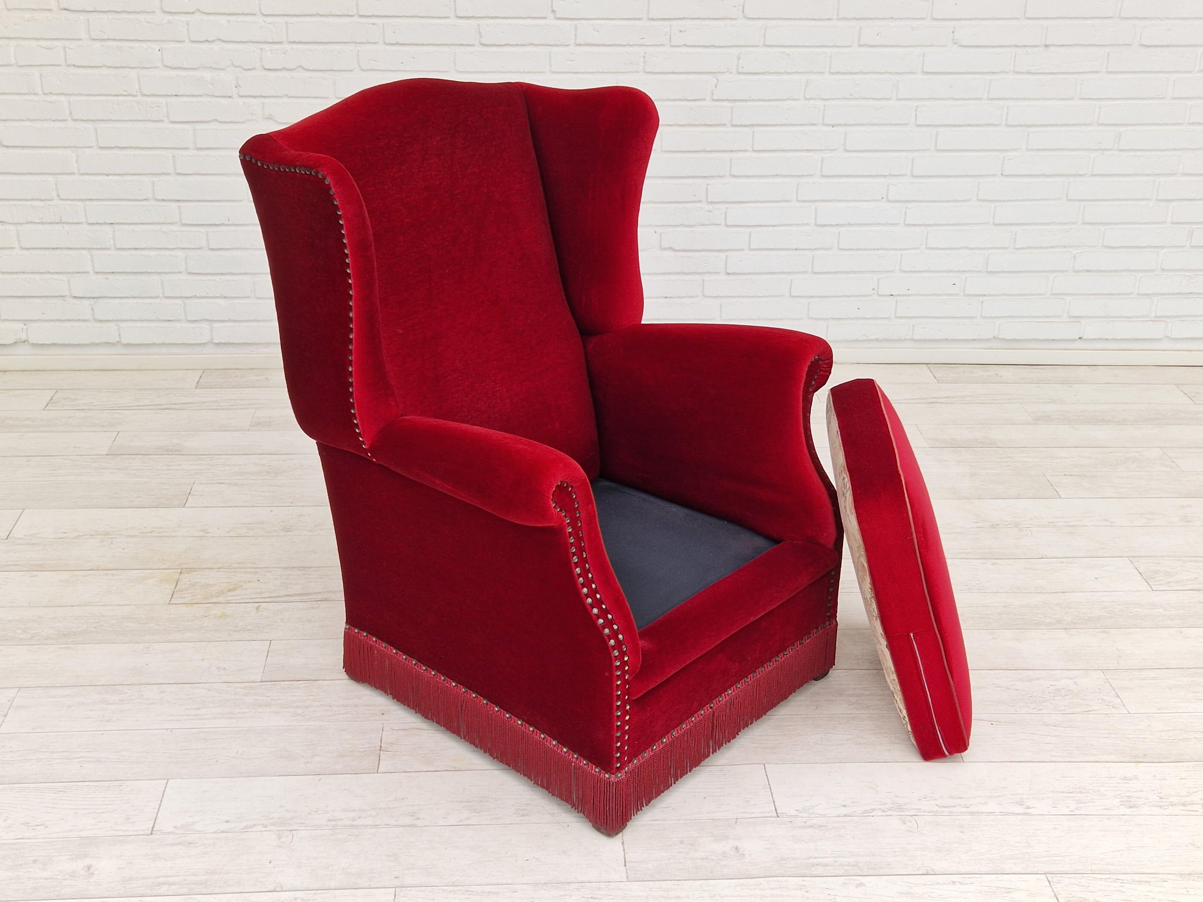 Danish Design, Wingback Chair, Dark Red Velour, Original Condition, 1960-1970s  For Sale 11