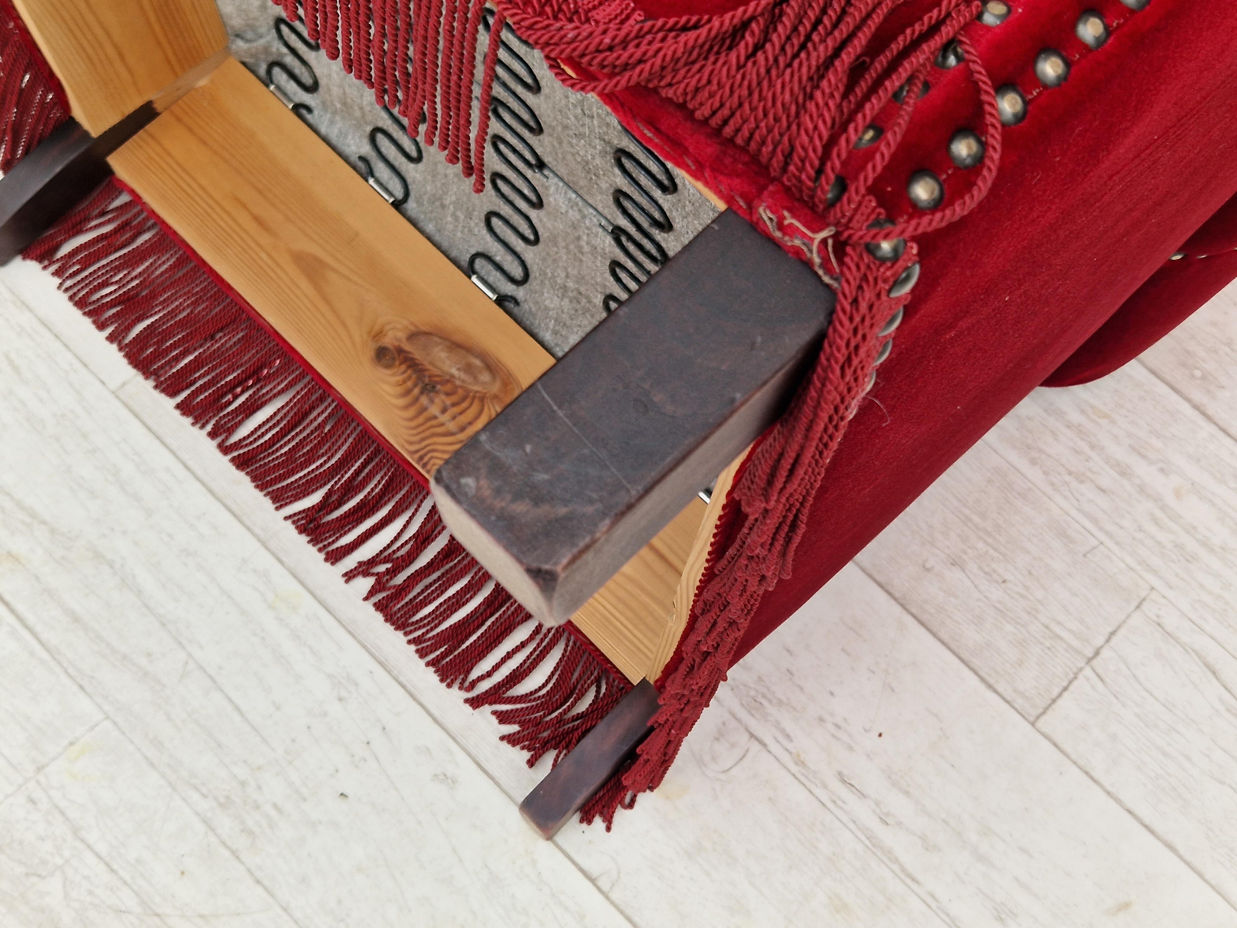 Danish Design, Wingback Chair, Dark Red Velour, Original Condition, 1960-1970s  For Sale 14