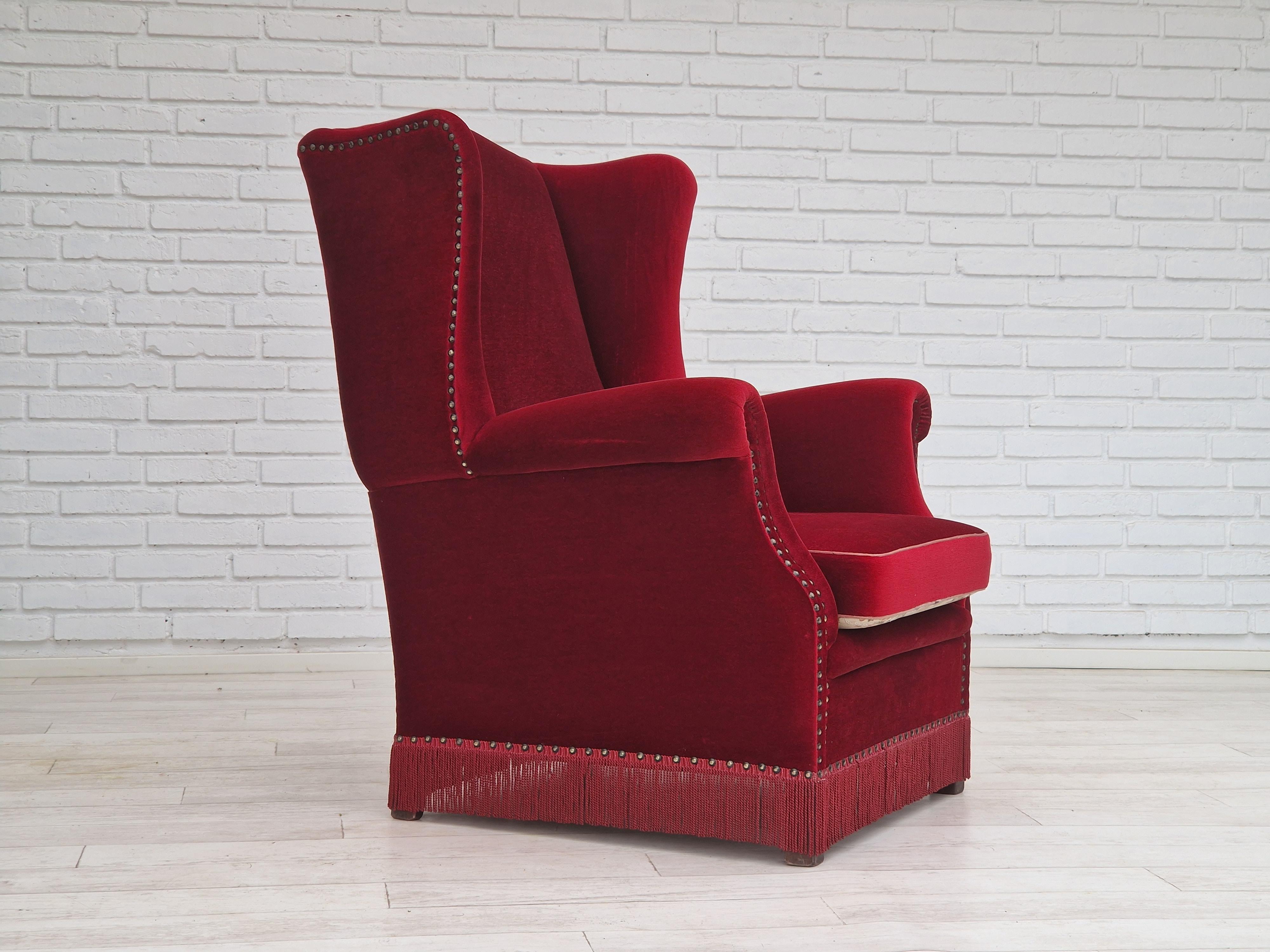 Scandinavian Modern Danish Design, Wingback Chair, Dark Red Velour, Original Condition, 1960-1970s  For Sale