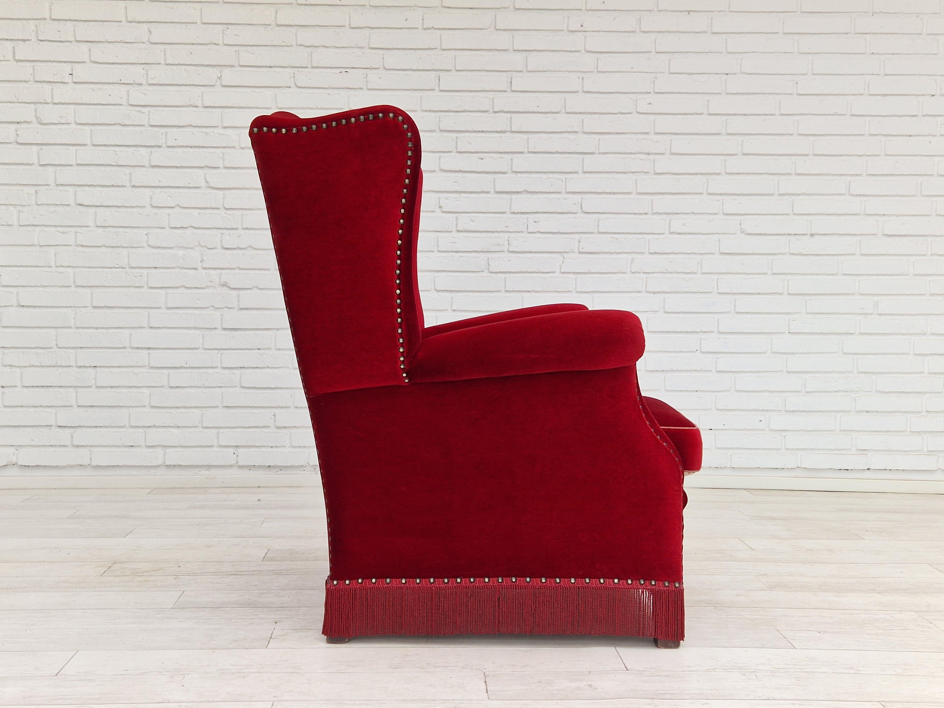 Mid-20th Century Danish Design, Wingback Chair, Dark Red Velour, Original Condition, 1960-1970s  For Sale