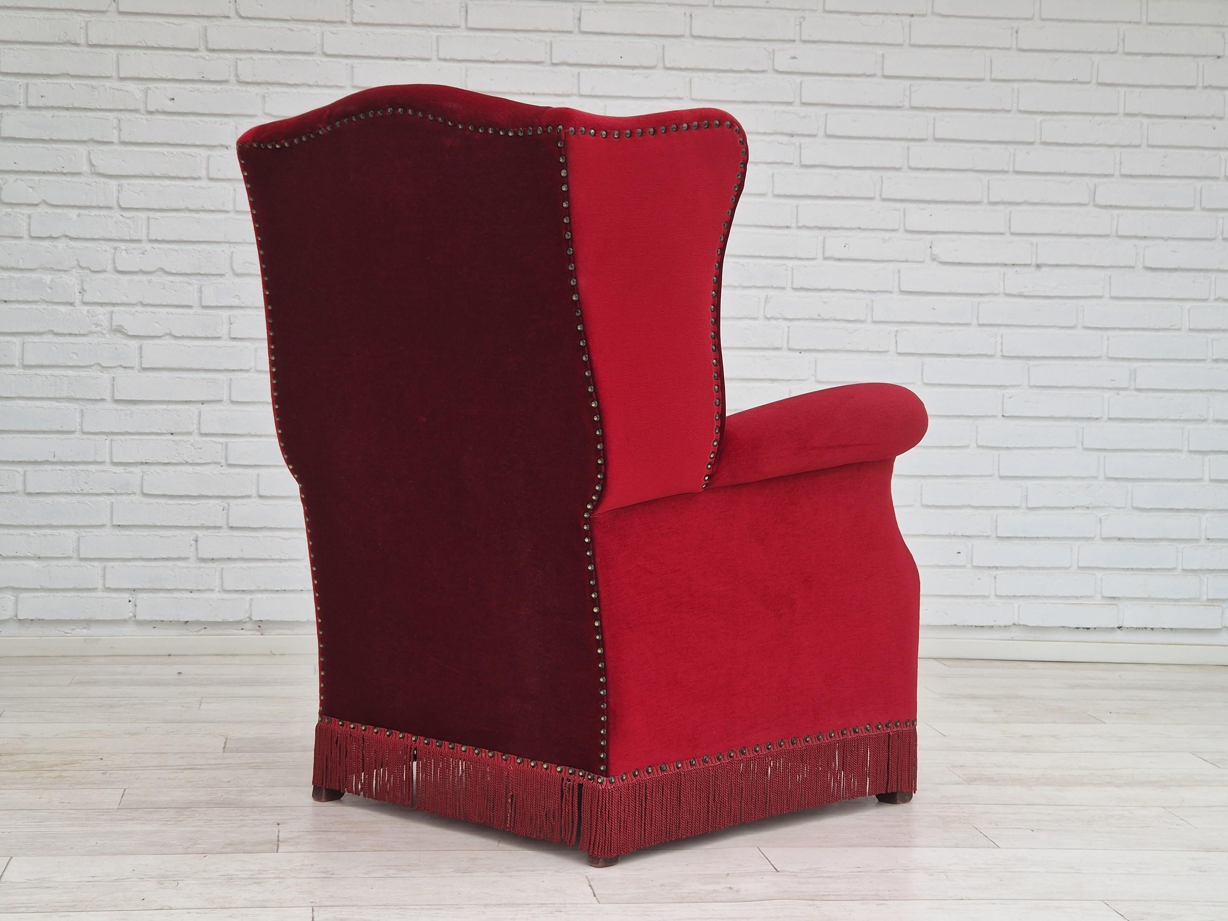 Danish Design, Wingback Chair, Dark Red Velour, Original Condition, 1960-1970s  For Sale 1