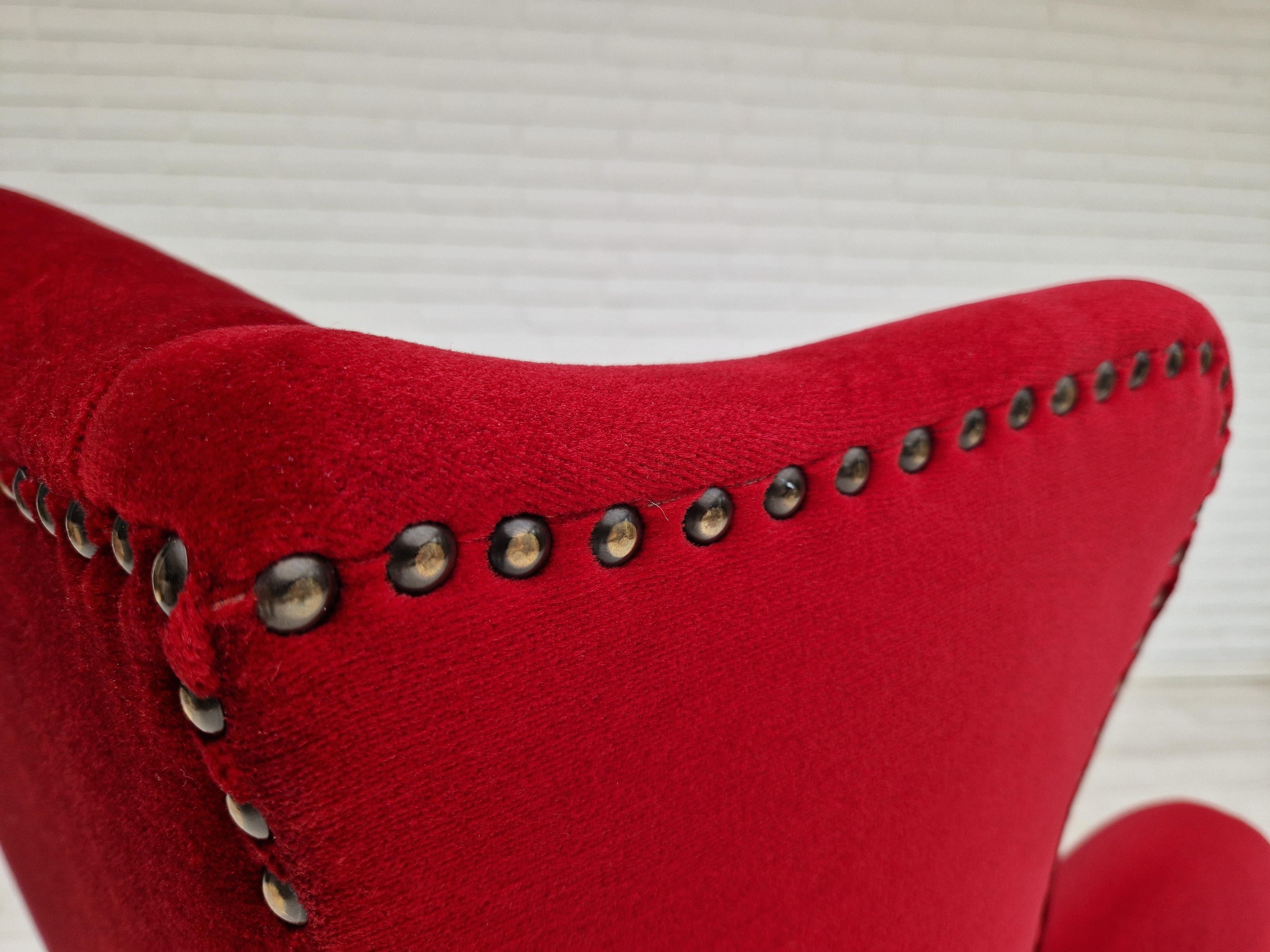 Danish Design, Wingback Chair, Dark Red Velour, Original Condition, 1960-1970s  For Sale 3