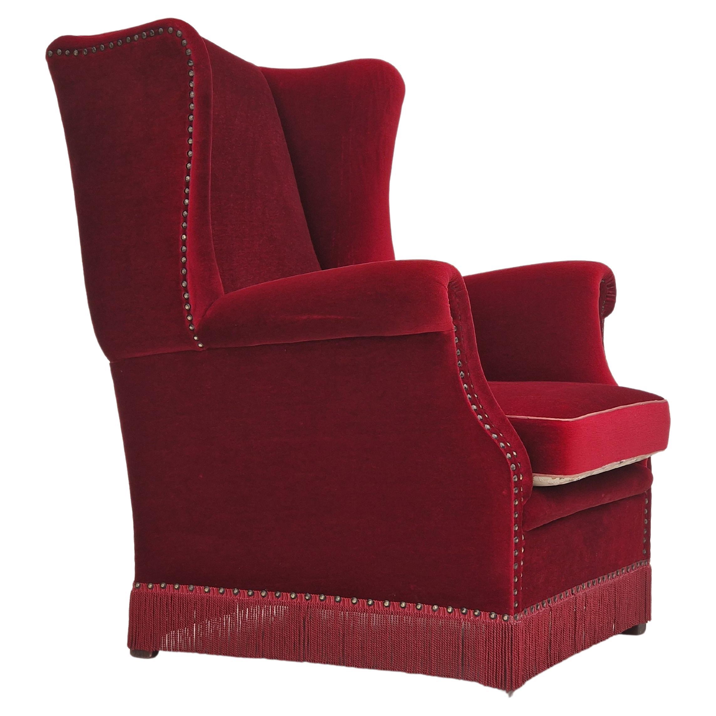 Danish Design, Wingback Chair, Dark Red Velour, Original Condition, 1960-1970s  For Sale
