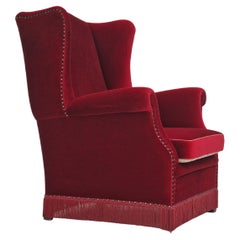 Danish Design, Wingback Chair, Dark Red Velour, Original Condition, 1960-1970s 