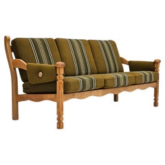 1960-70s, Danish Vintage 3 seater sofa, green fabric, oak wood, original.