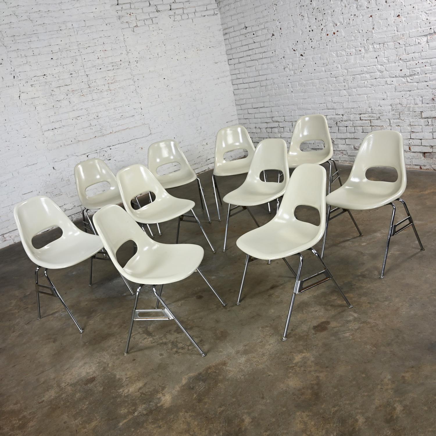 Mid-20th Century 1960-70’s MCM Krueger International White Fiberglass & Chrome Stacking Chairs 10