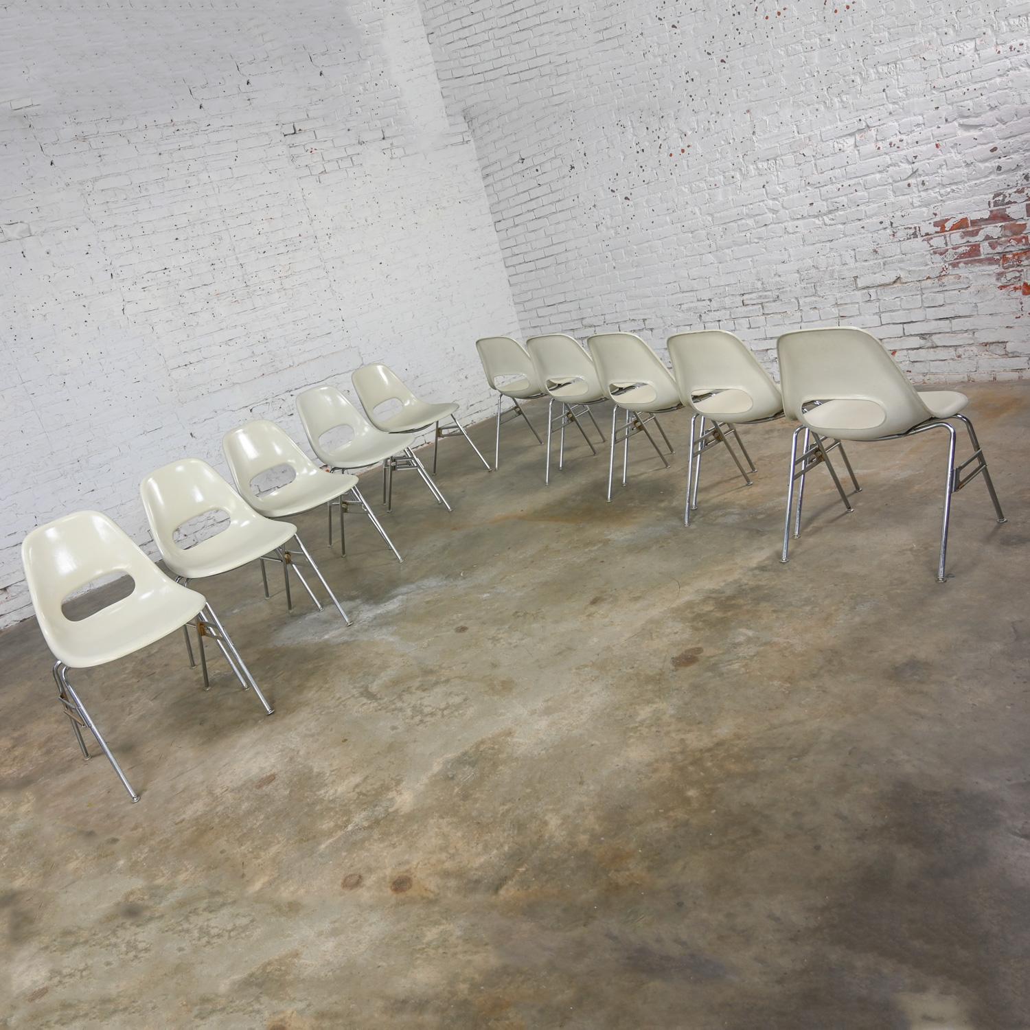 1960-70’s MCM Krueger International White Fiberglass & Chrome Stacking Chairs 12 5