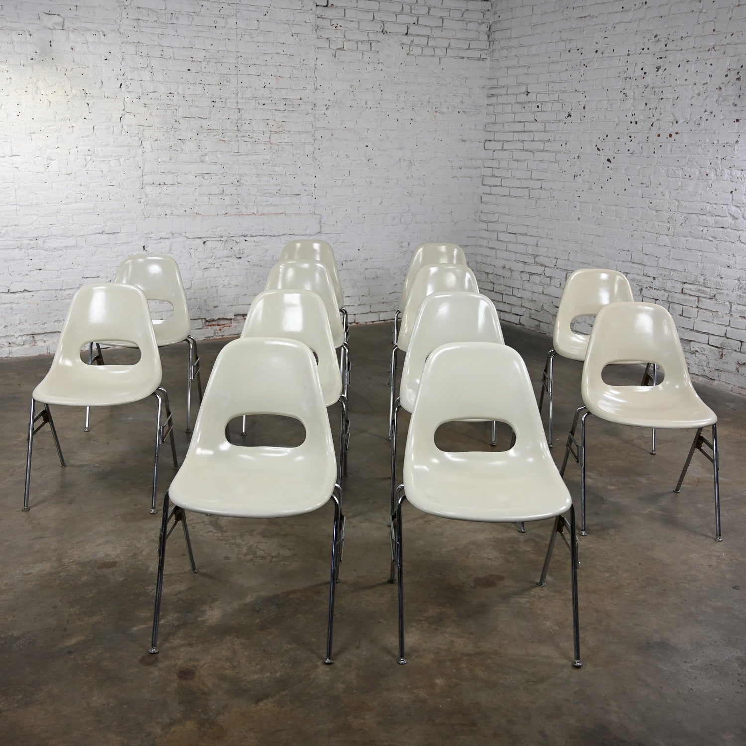 1960-70’s MCM Krueger International White Fiberglass & Chrome Stacking Chairs 12 14