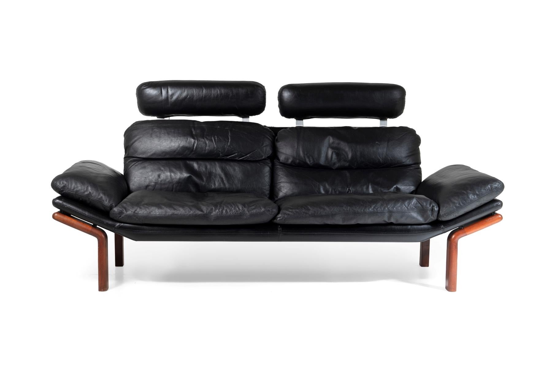 1960-70s Mid-Century Modern Danish Black Leather and Teak Sofa by Komfort 13