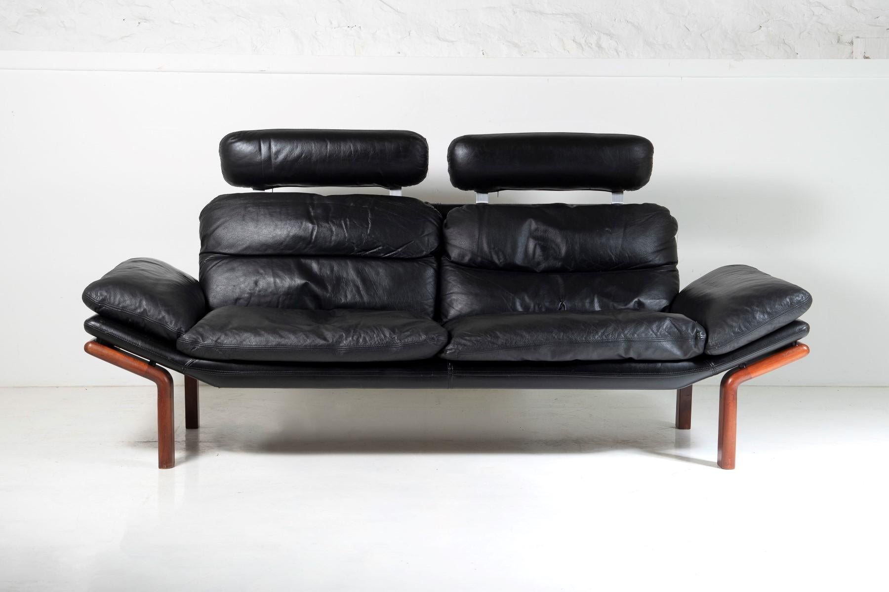20th Century 1960-70s Mid-Century Modern Danish Black Leather and Teak Sofa by Komfort For Sale