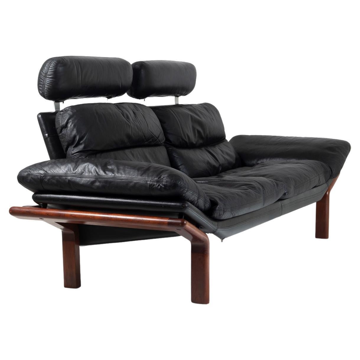 1960-70s Mid-Century Modern Danish Black Leather and Teak Sofa by Komfort