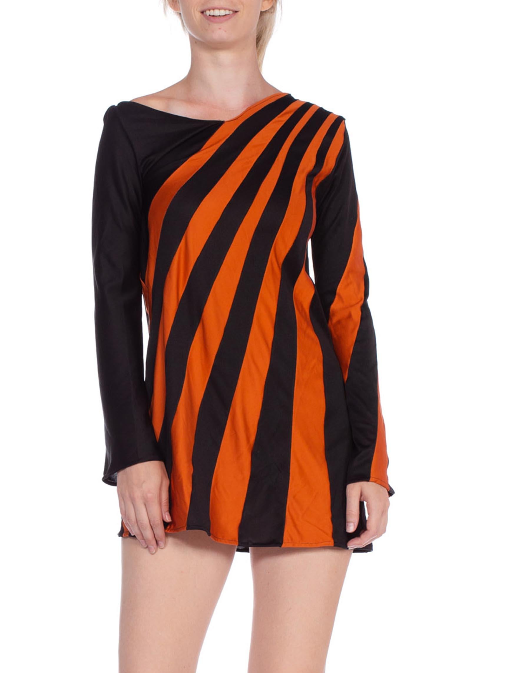 Women's 1960S Black & Orange Polyester Jersey Op-Art Stripe Micro Mini Mod Tunic Dress
