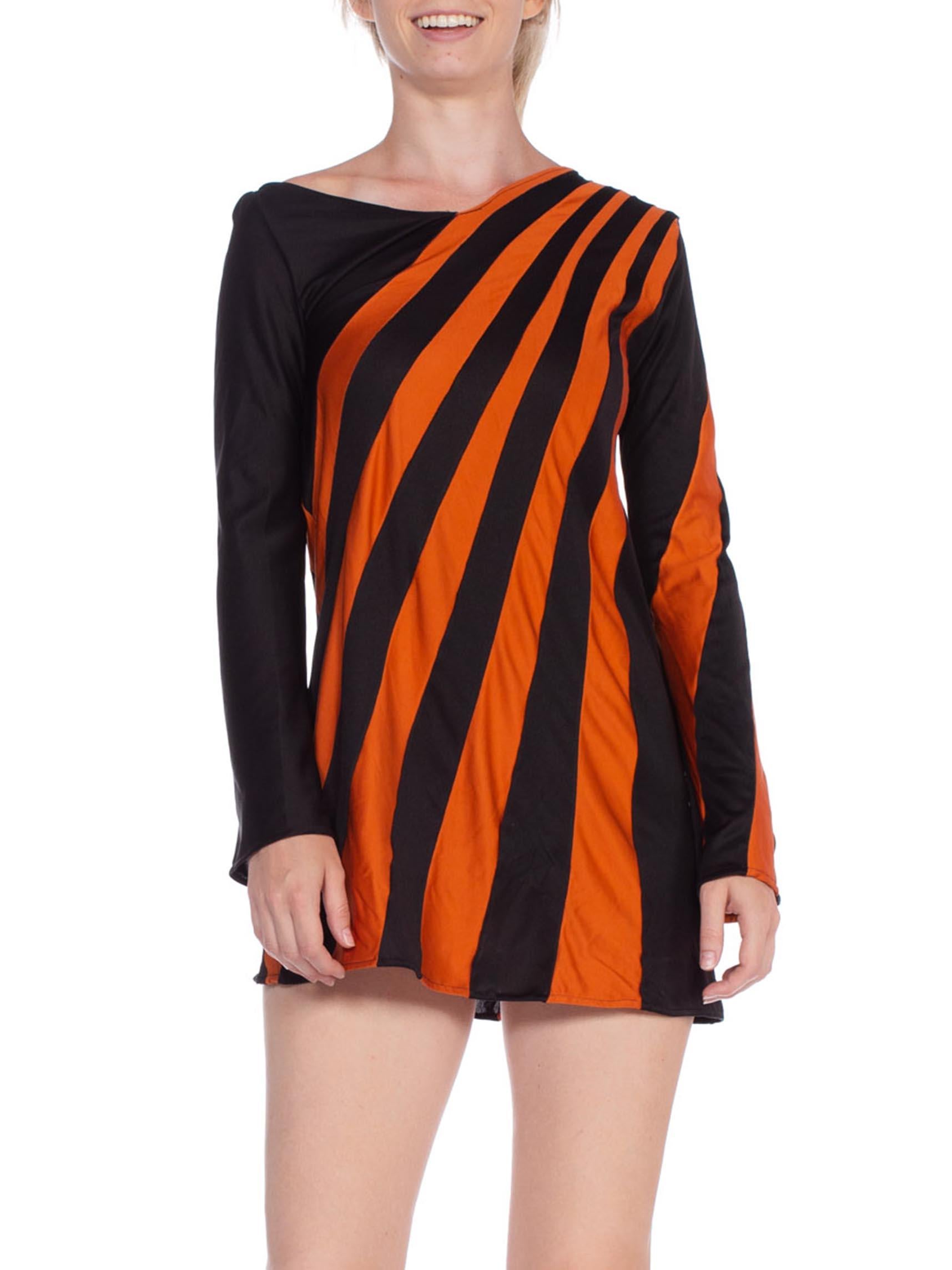 1960S Black & Orange Polyester Jersey Op-Art Stripe Micro Mini Mod Tunic Dress 2