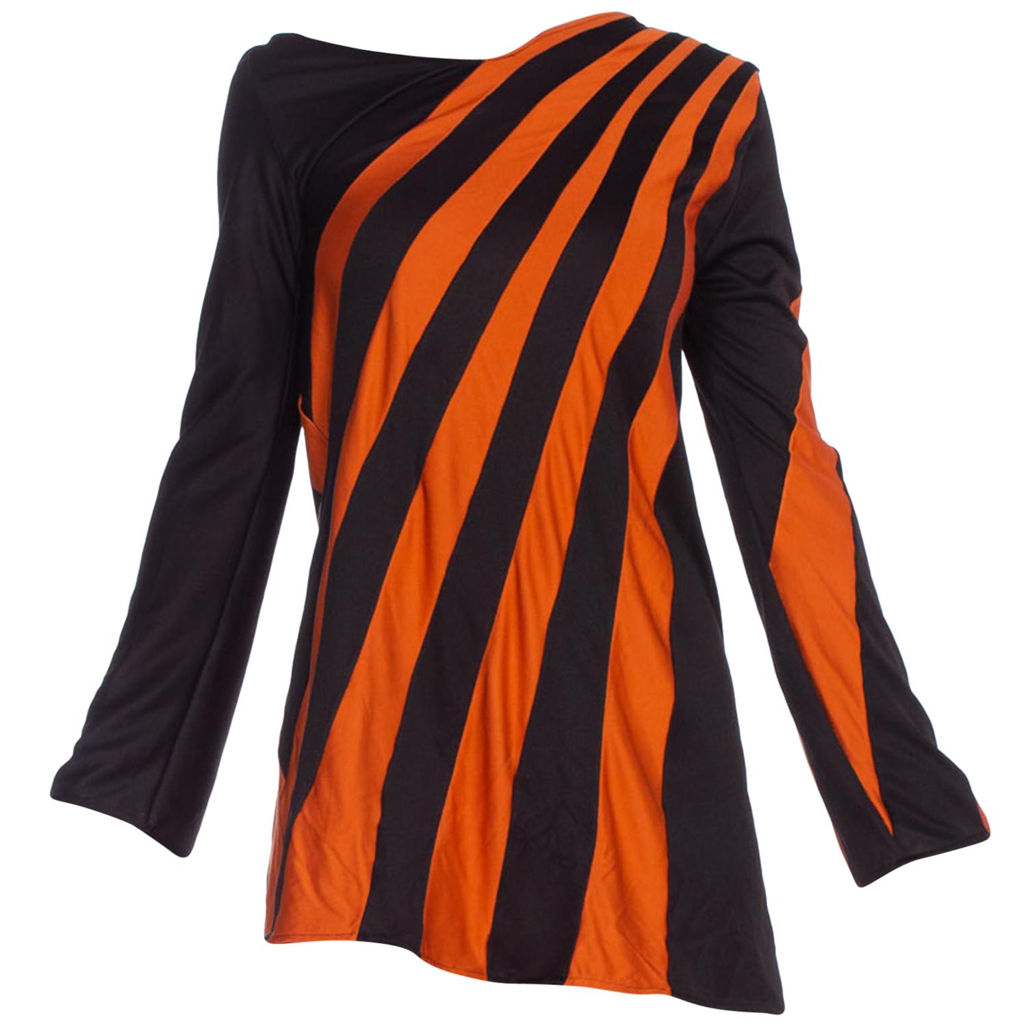 1960S Black & Orange Polyester Jersey Op-Art Stripe Micro Mini Mod Tunic Dress