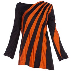 Retro 1960S Black & Orange Polyester Jersey Op-Art Stripe Micro Mini Mod Tunic Dress