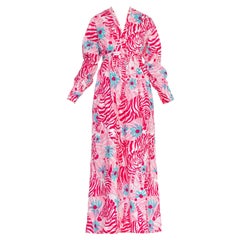 Used 1960S Lilly Pulitzer Pink  & Teal Cotton Zebra Animal Print Maxi Dress With Sle