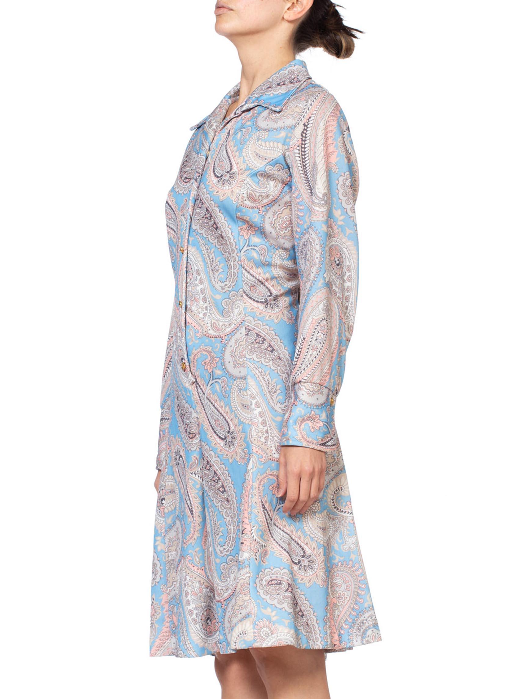 Gray 1970S Polyester Piqué Pastel Paisley Printed Dress XL For Sale