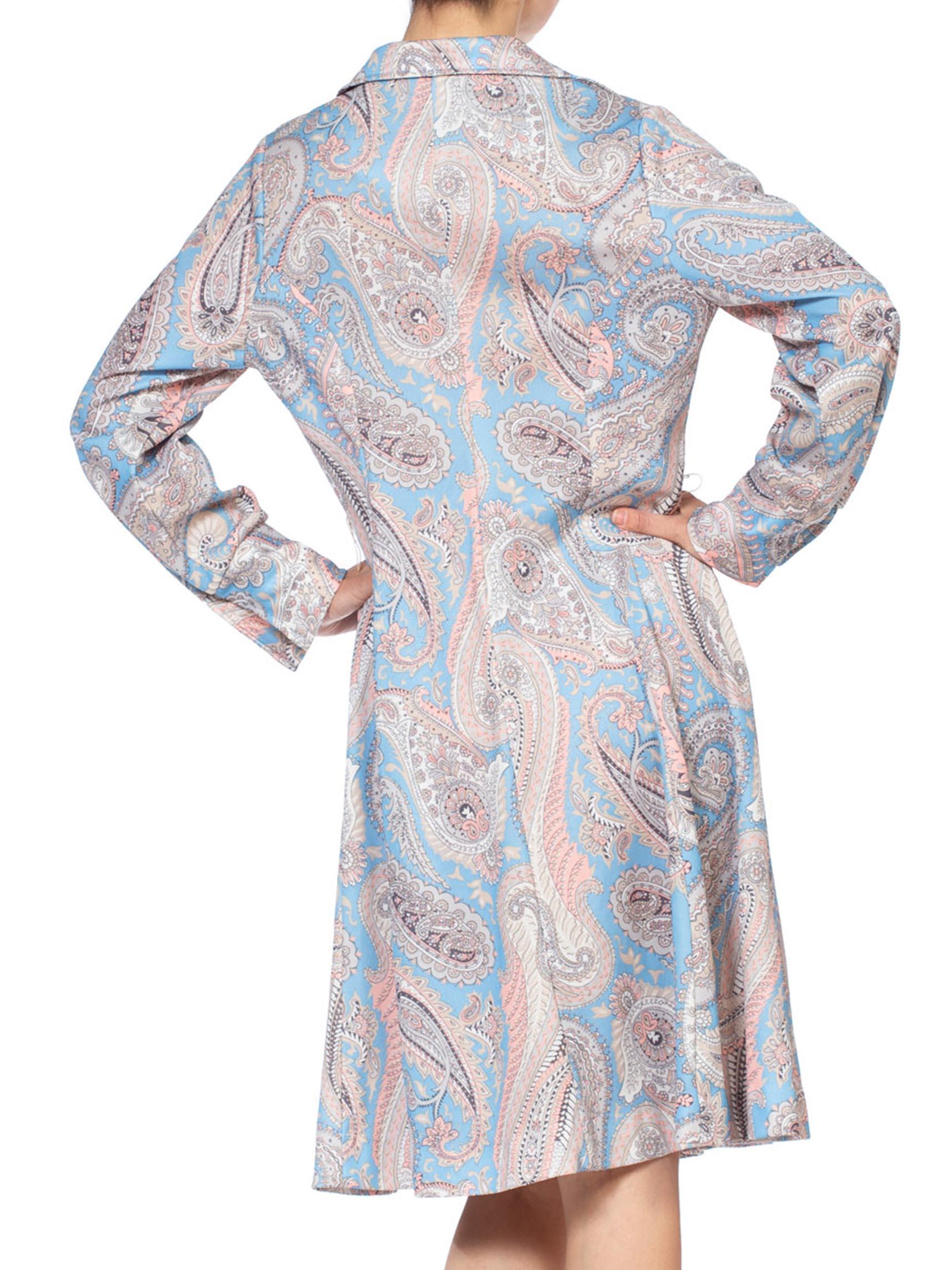 1970S Polyester Piqué Pastel Paisley Printed Dress XL For Sale 1