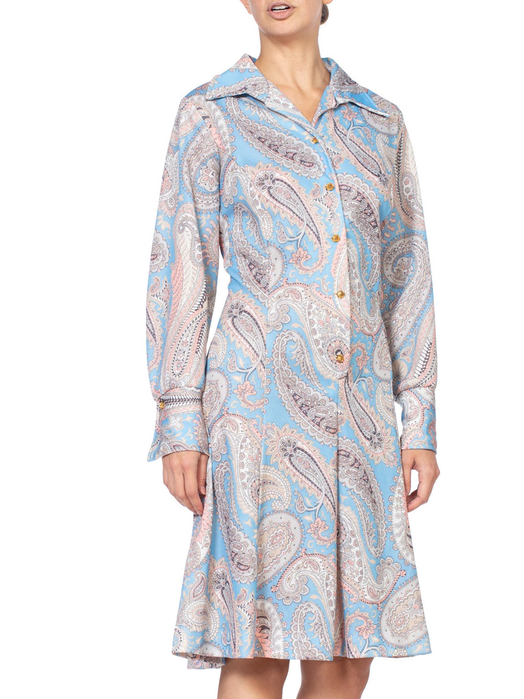 1970S Polyester Piqué Pastel Paisley Printed Dress XL For Sale 3