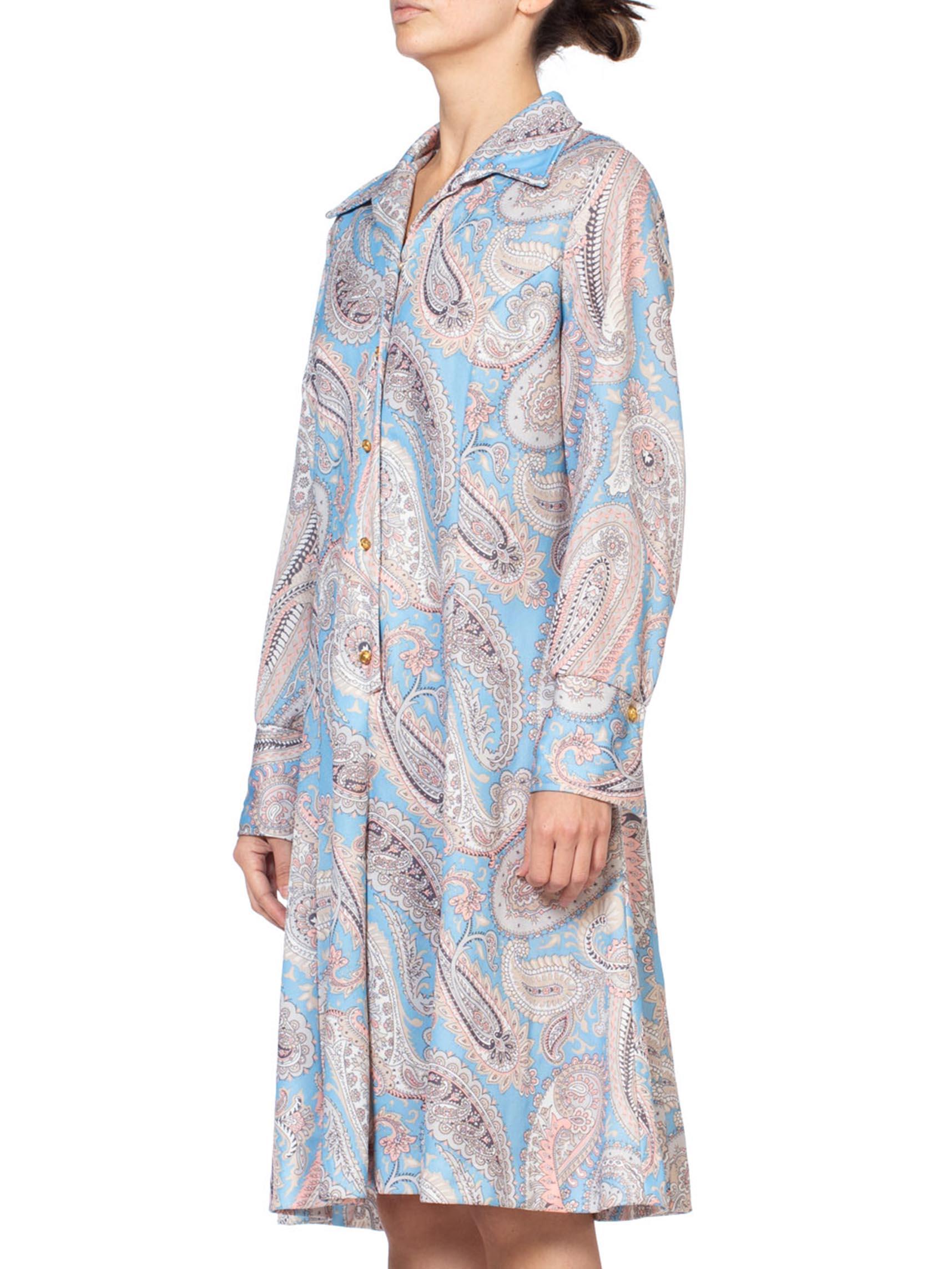 1970S Polyester Piqué Pastel Paisley Printed Dress XL For Sale 4