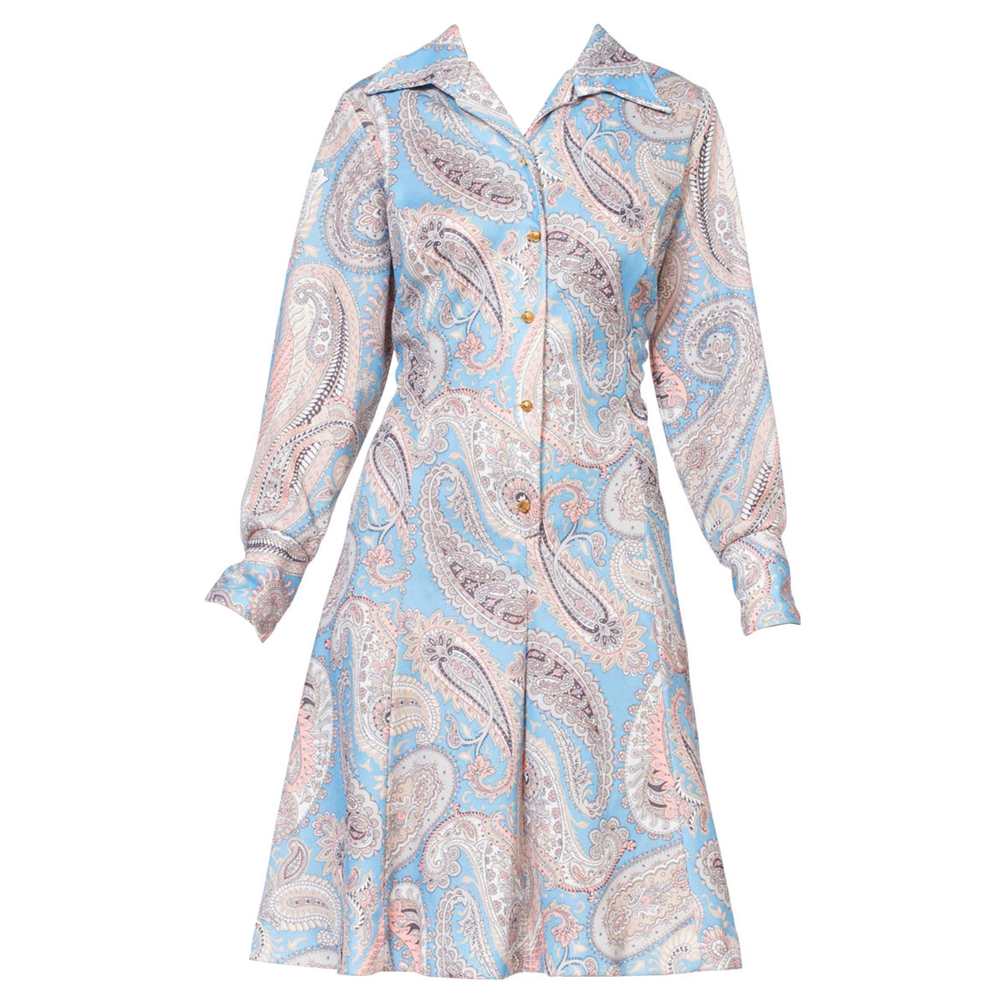 1970S Polyester Piqué Pastel Paisley Printed Dress XL For Sale