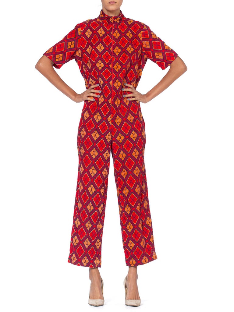 1970S Red Cotton Corduroy Printed Plaid Jumpsuit For Sale at 1stDibs