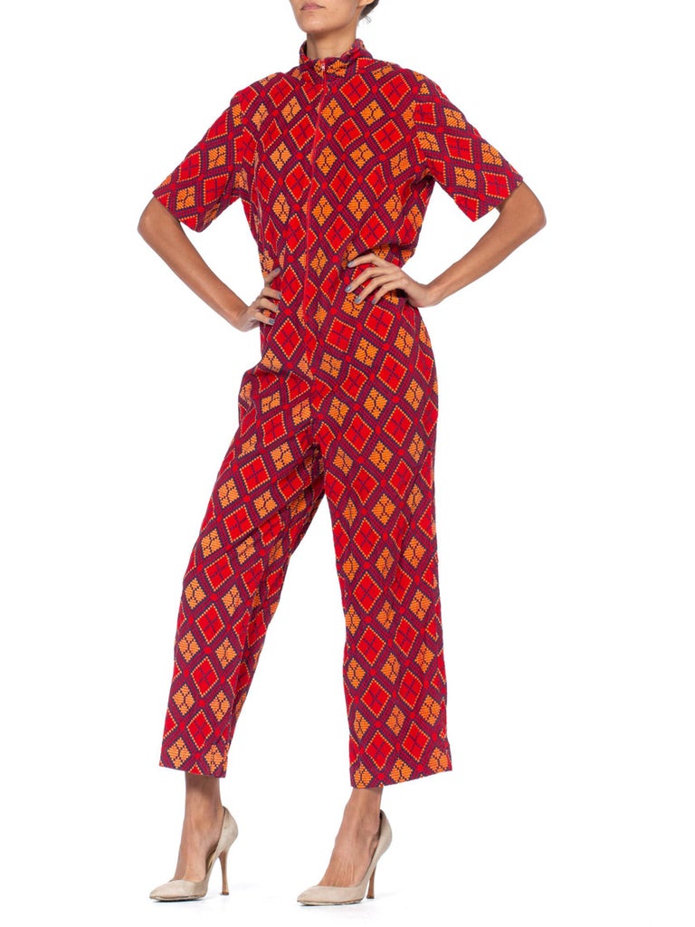 1970S Red Cotton Corduroy Printed Plaid Jumpsuit For Sale at 1stDibs