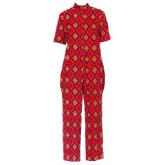 Vintage 1970S Red Cotton Corduroy Printed Plaid Jumpsuit
