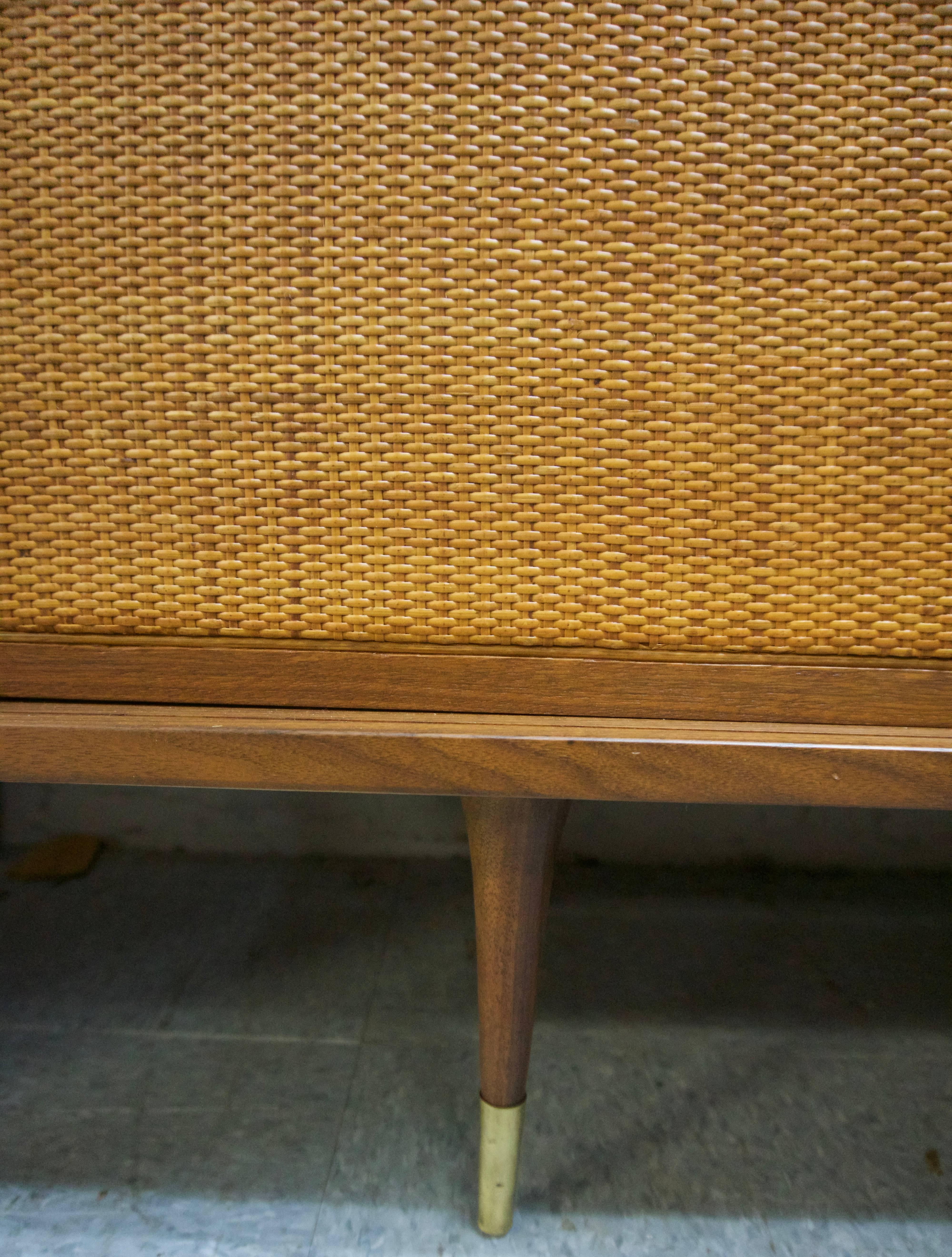 Brass 1960 American Walnut Credenza with Woven Cane Doors For Sale