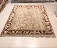 1960 Anapurna Indian Carpet Hand Knotted Wool-Silk in Relief Garnet and Beige