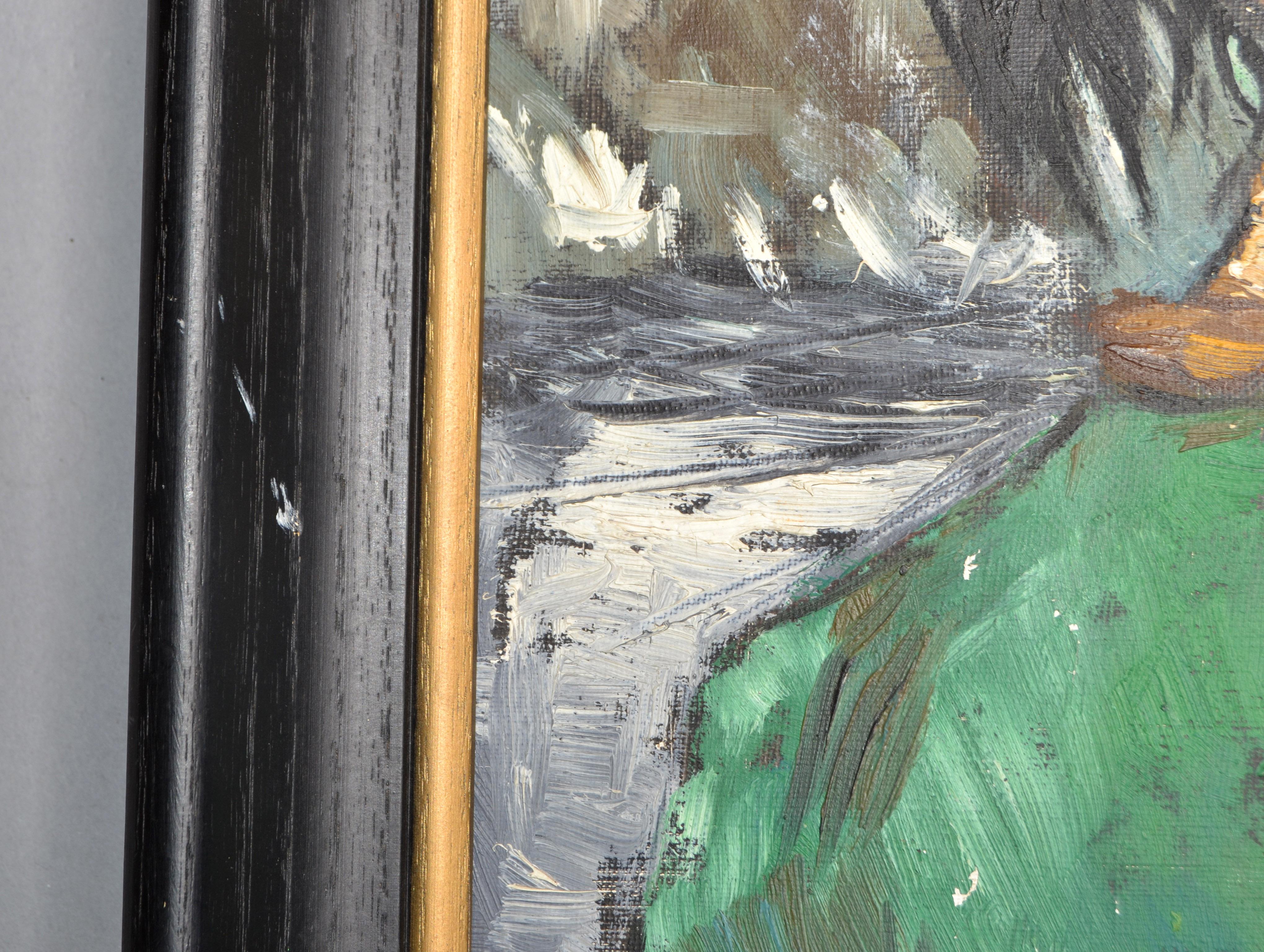 1960 Andre Daude Big Eyed French Girl Painting Oil Canvas Black Frame Green Coat en vente 4