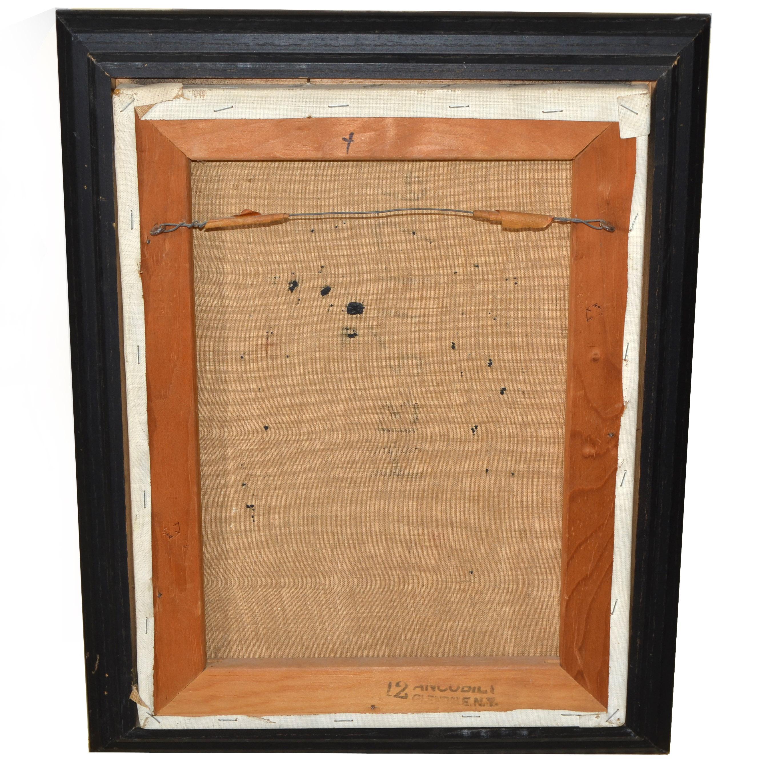 1960 Andre Daude, Ragazza francese dagli occhi grandi, dipinto a olio su tela con cornice nera e cappotto verde in vendita 5