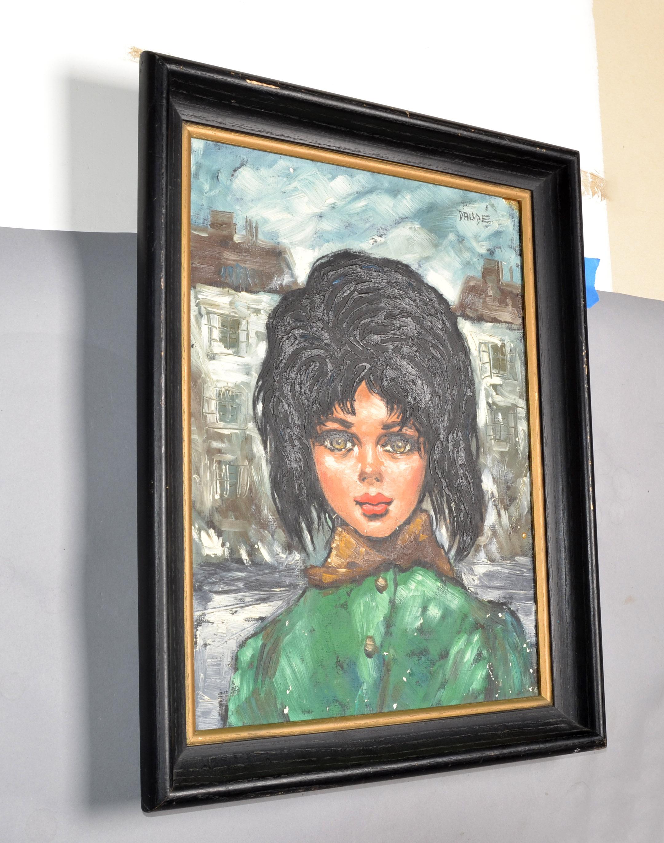 1960 Andre Daude Big Eyed French Girl Painting Oil Canvas Black Frame Green Coat For Sale 5