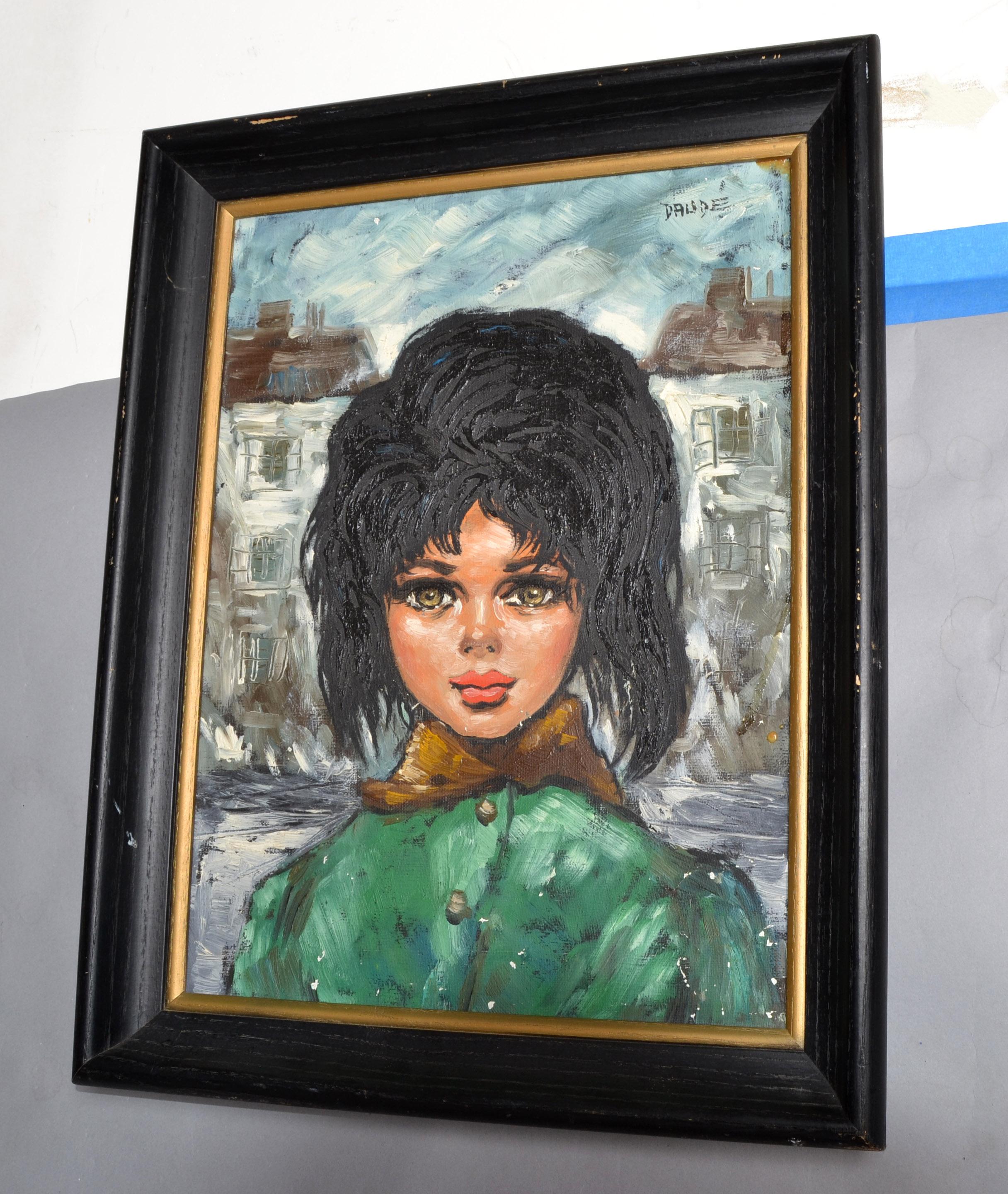 1960 Andre Daude, Ragazza francese dagli occhi grandi, dipinto a olio su tela con cornice nera e cappotto verde in vendita 8