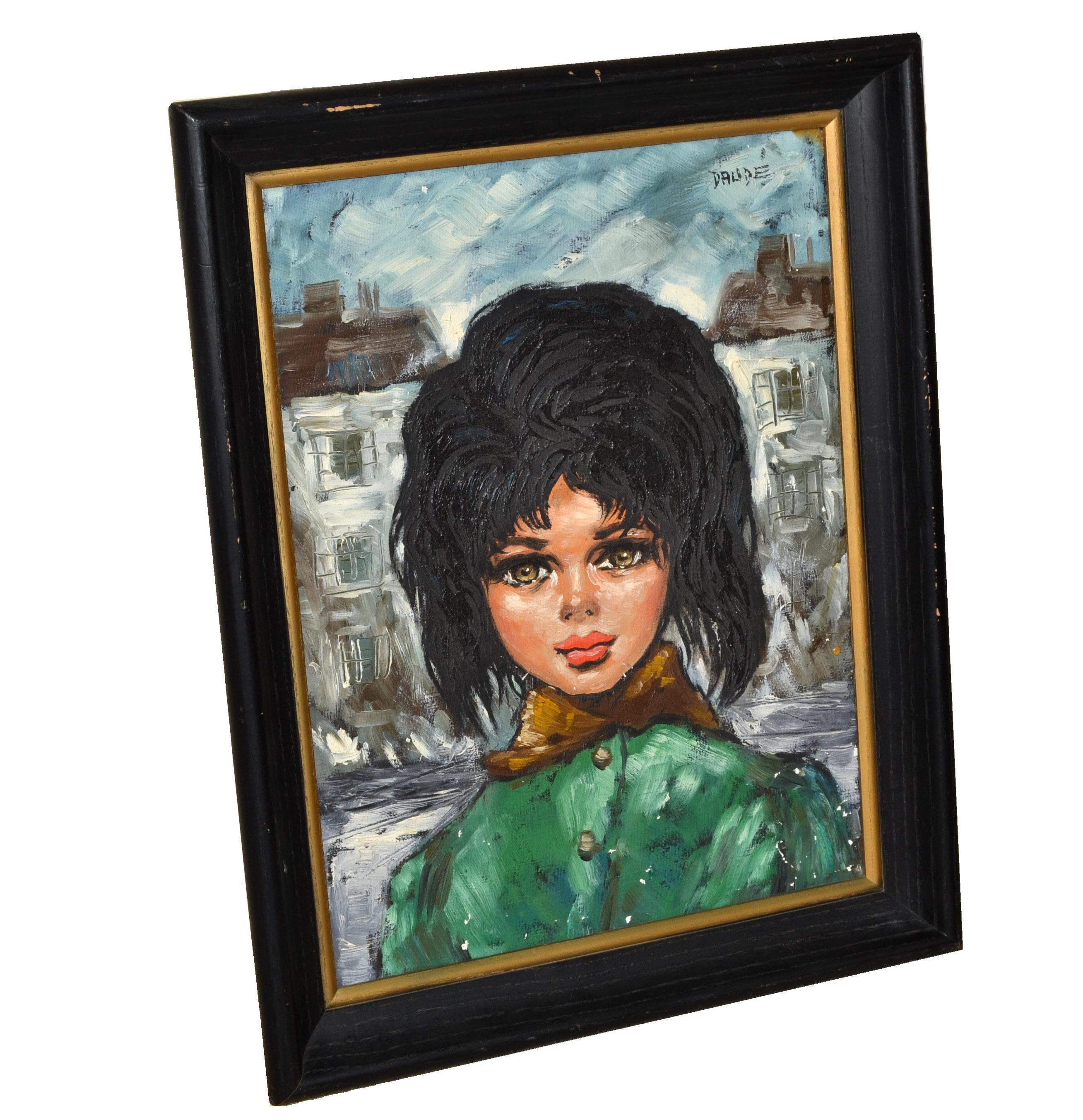 Encadré signé Daude Vintage Mid-Century Oil Painting Cityscape French Girl with Black Hair Brown Eyes Green Coat.
Peinture à l'huile sur toile datant des années 1960 représentant une jeune fille aux cheveux noirs de jais et aux yeux bruns portant
