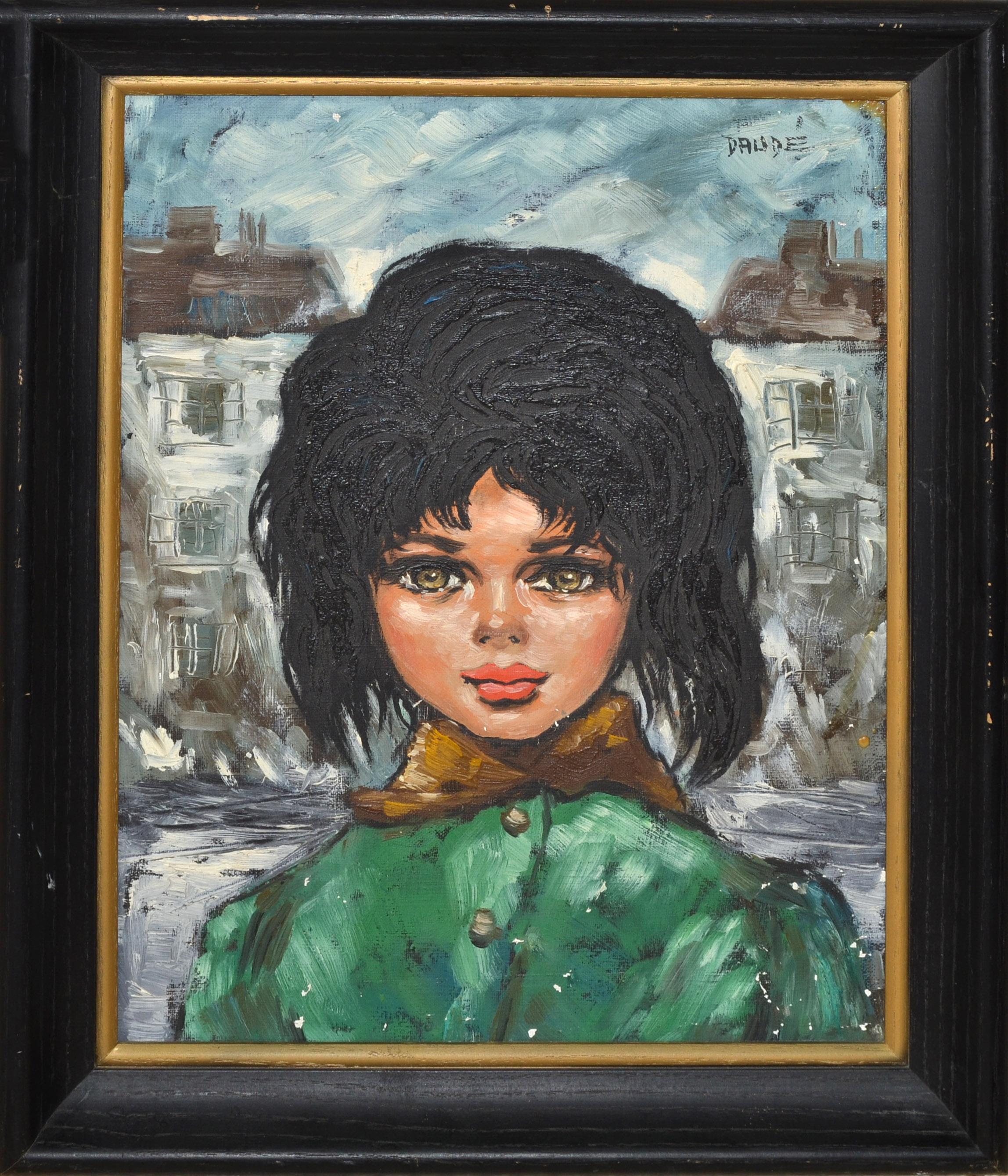 Mid-Century moderno 1960 Andre Daude, Ragazza francese dagli occhi grandi, dipinto a olio su tela con cornice nera e cappotto verde in vendita
