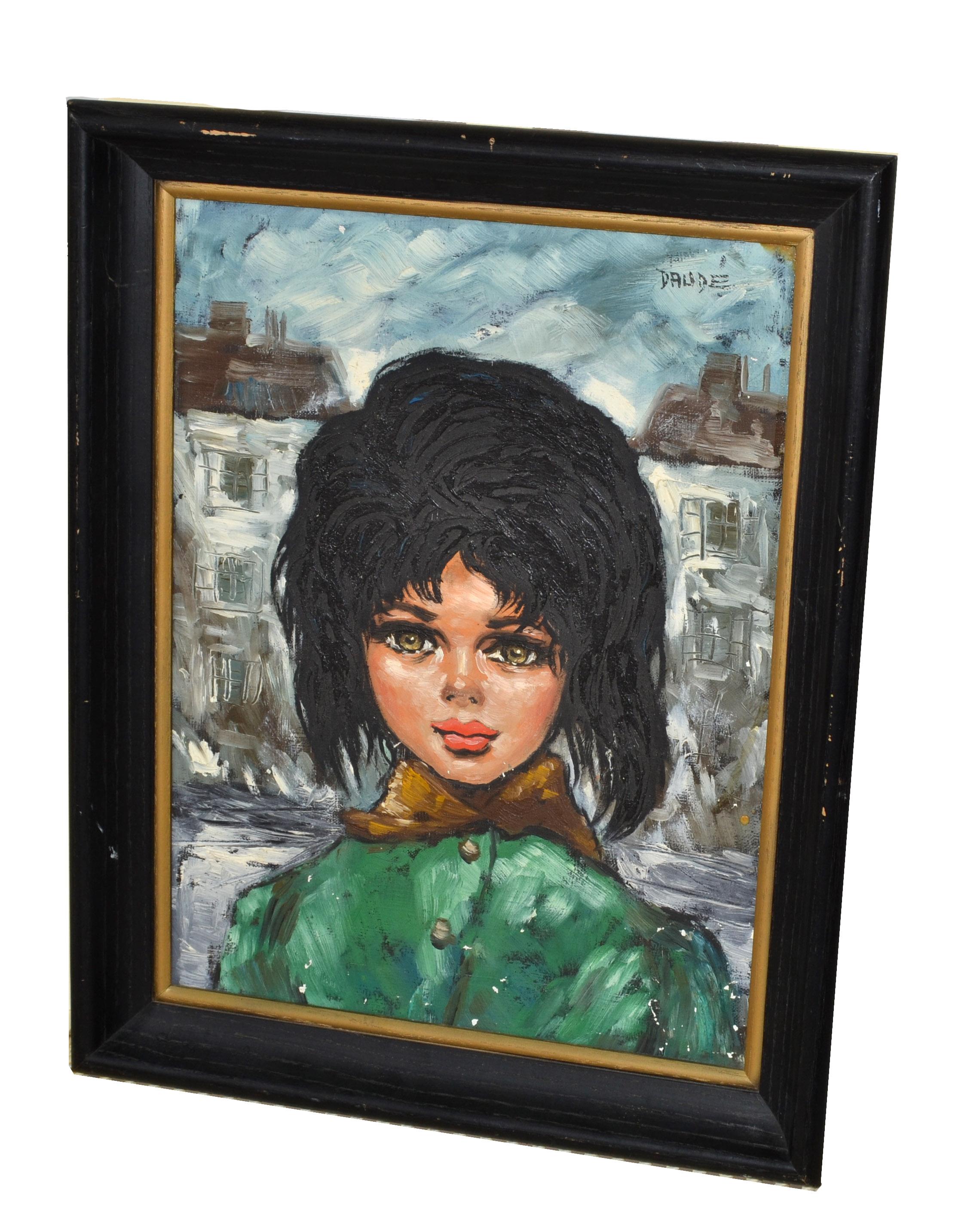 Peint à la main 1960 Andre Daude Big Eyed French Girl Painting Oil Canvas Black Frame Green Coat en vente