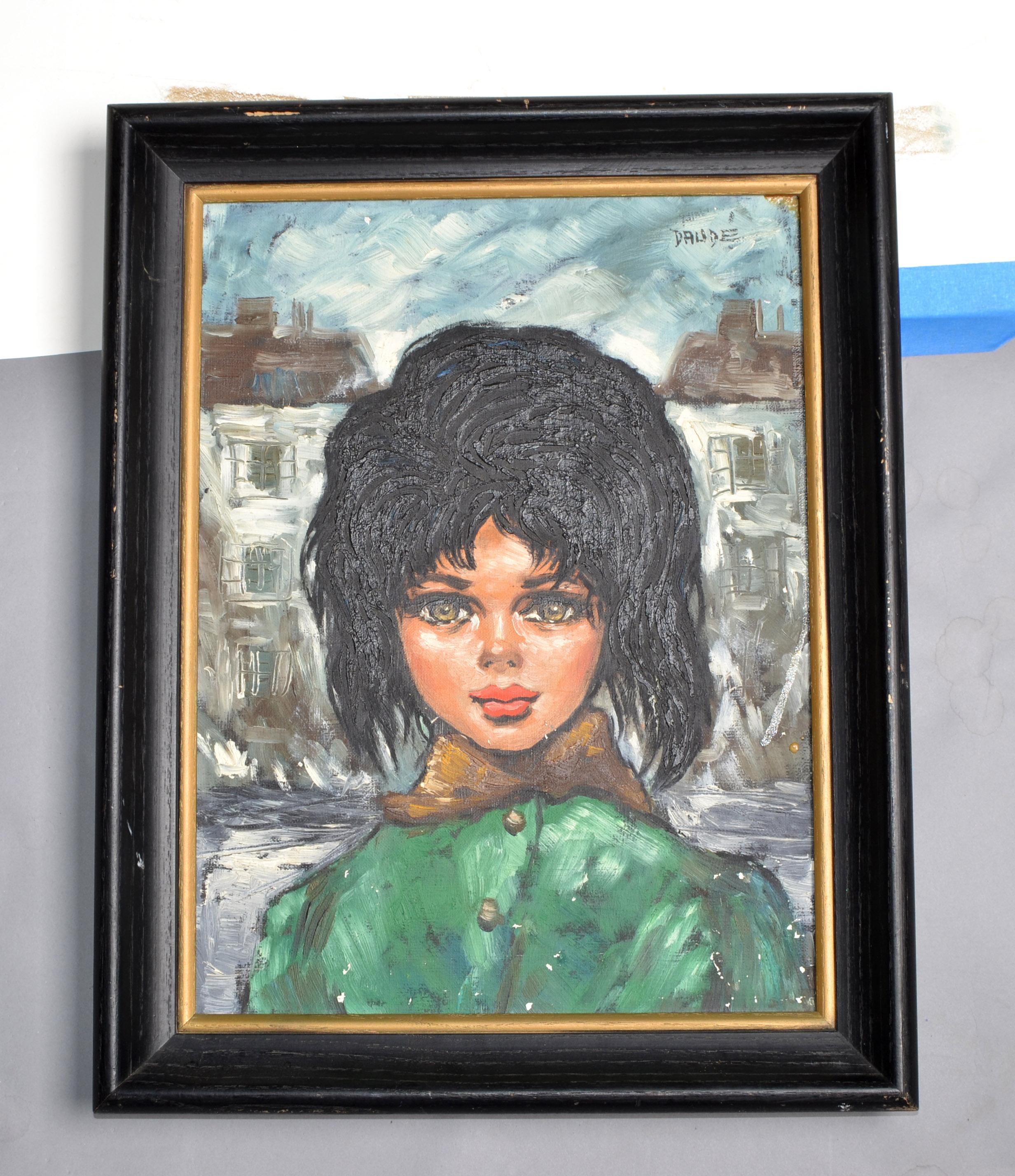 1960 Andre Daude, Ragazza francese dagli occhi grandi, dipinto a olio su tela con cornice nera e cappotto verde In condizioni buone in vendita a Miami, FL