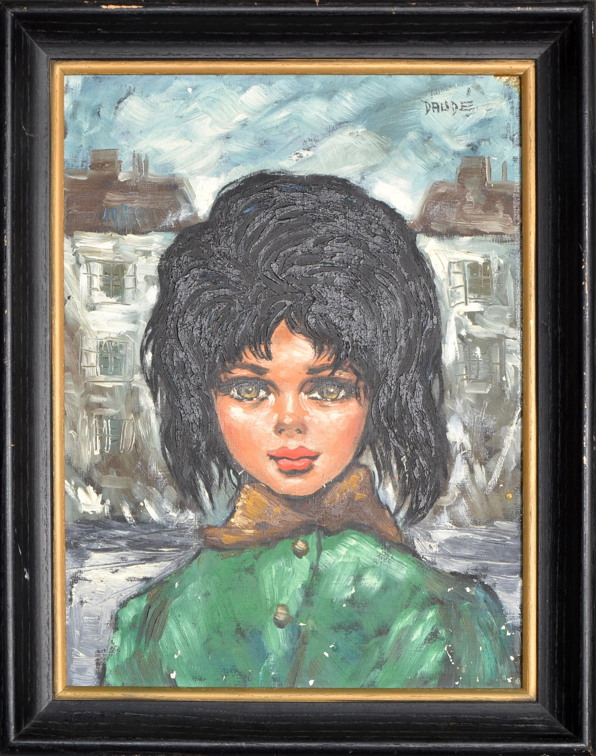 Mid-Century Modern 1960 Andre Daude Big Eyed French Girl Painting Oil Canvas Black Frame Green Coat For Sale