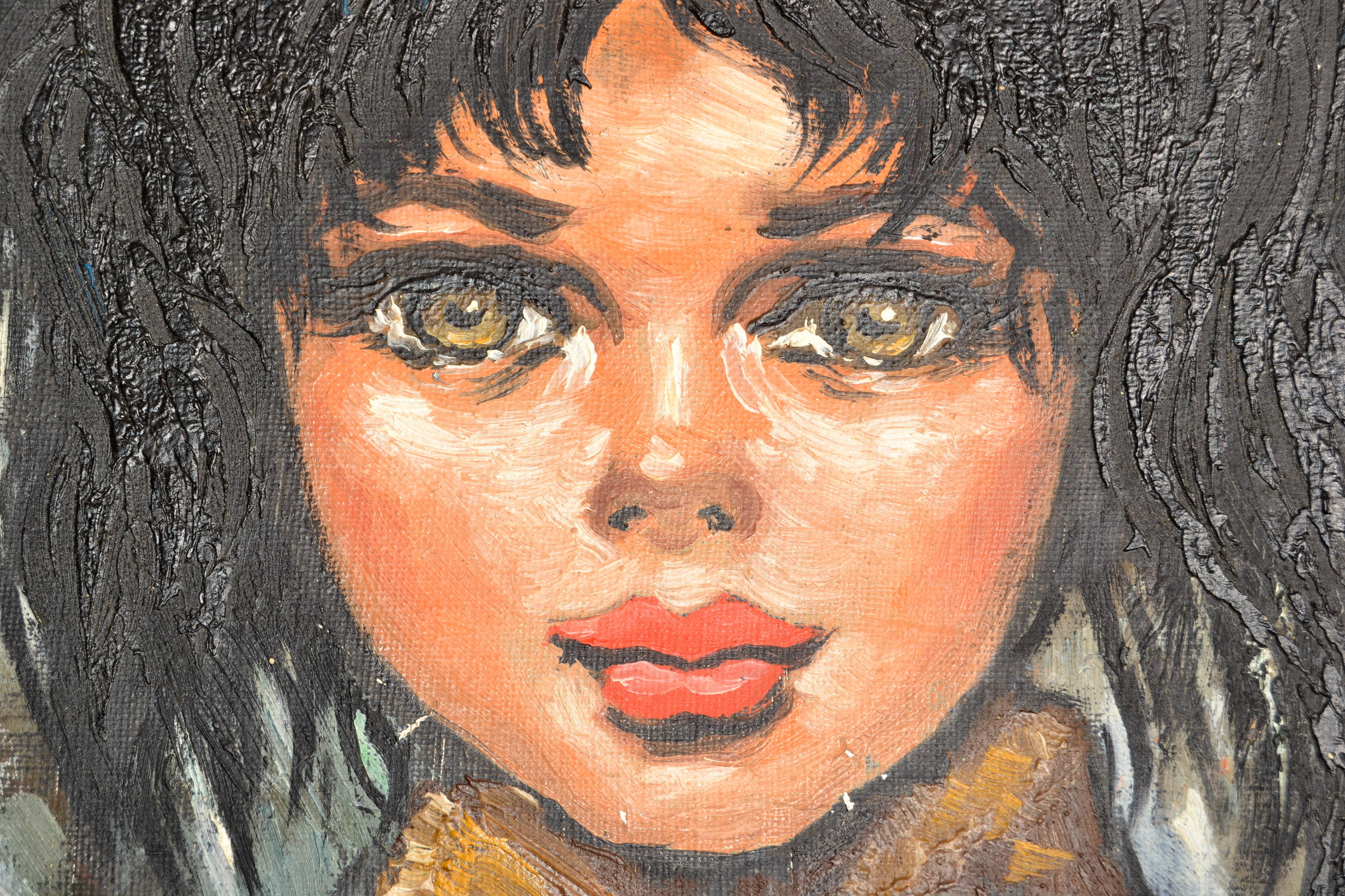 Toile 1960 Andre Daude Big Eyed French Girl Painting Oil Canvas Black Frame Green Coat en vente