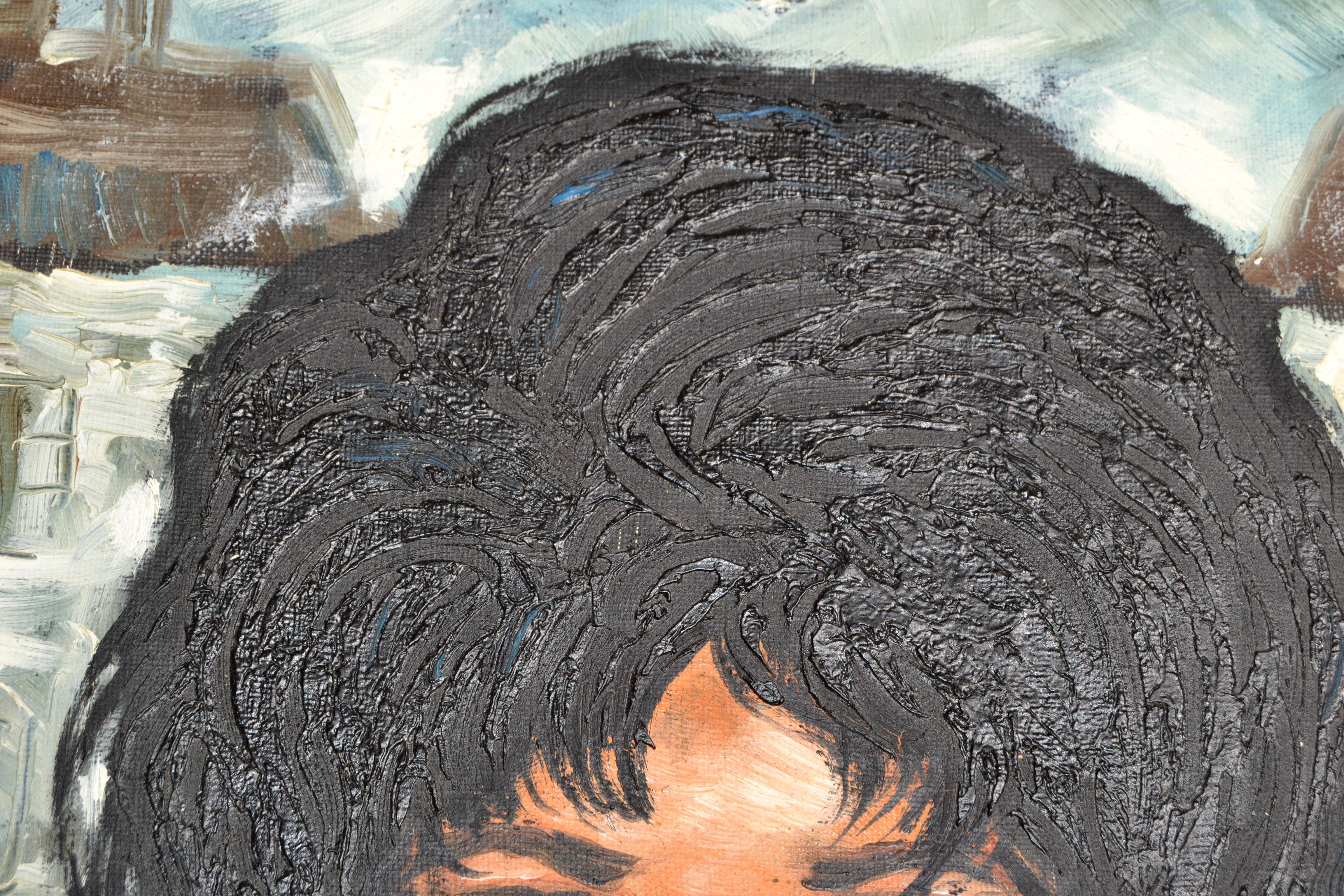 1960 Andre Daude, Ragazza francese dagli occhi grandi, dipinto a olio su tela con cornice nera e cappotto verde in vendita 1