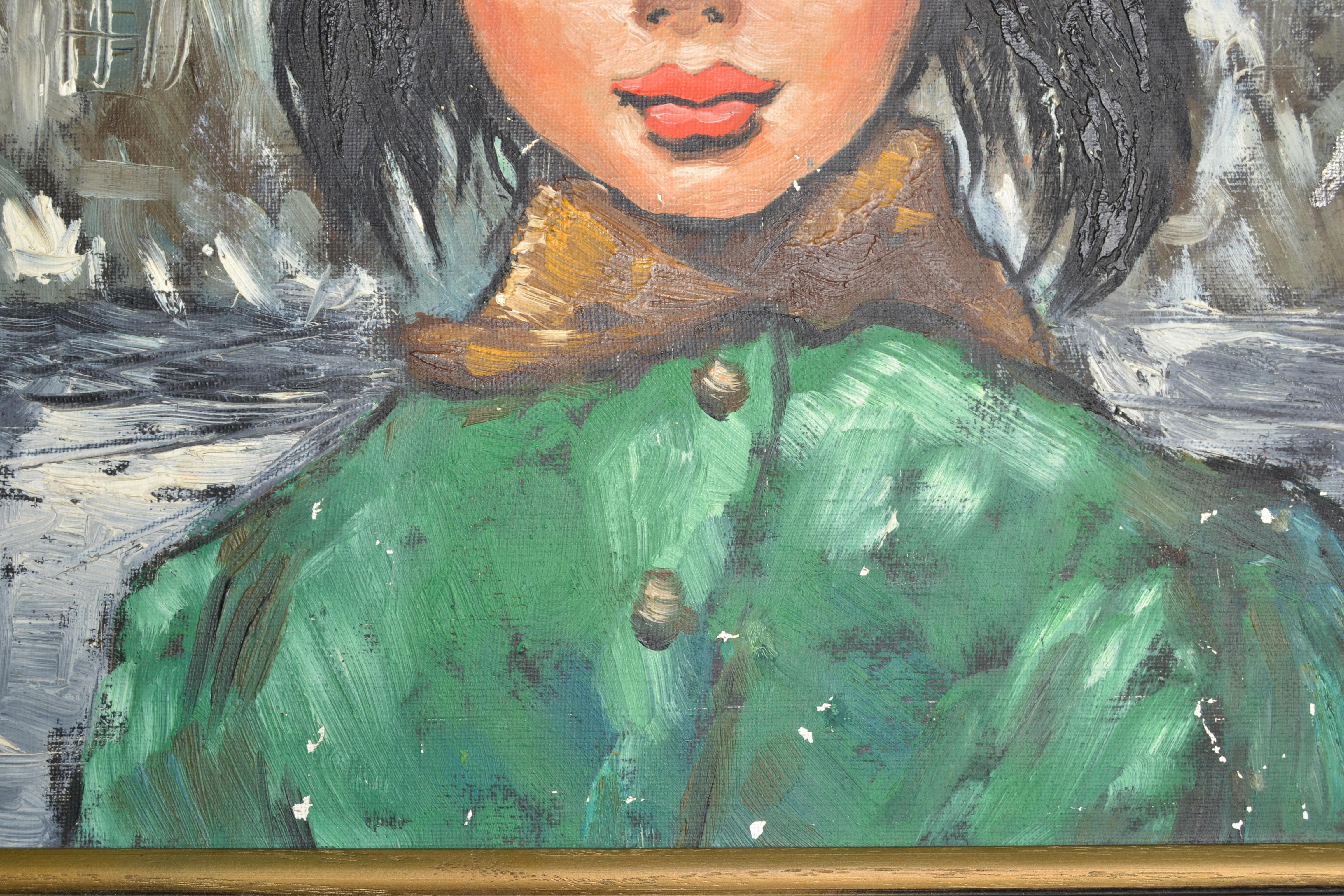 20th Century 1960 Andre Daude Big Eyed French Girl Painting Oil Canvas Black Frame Green Coat For Sale